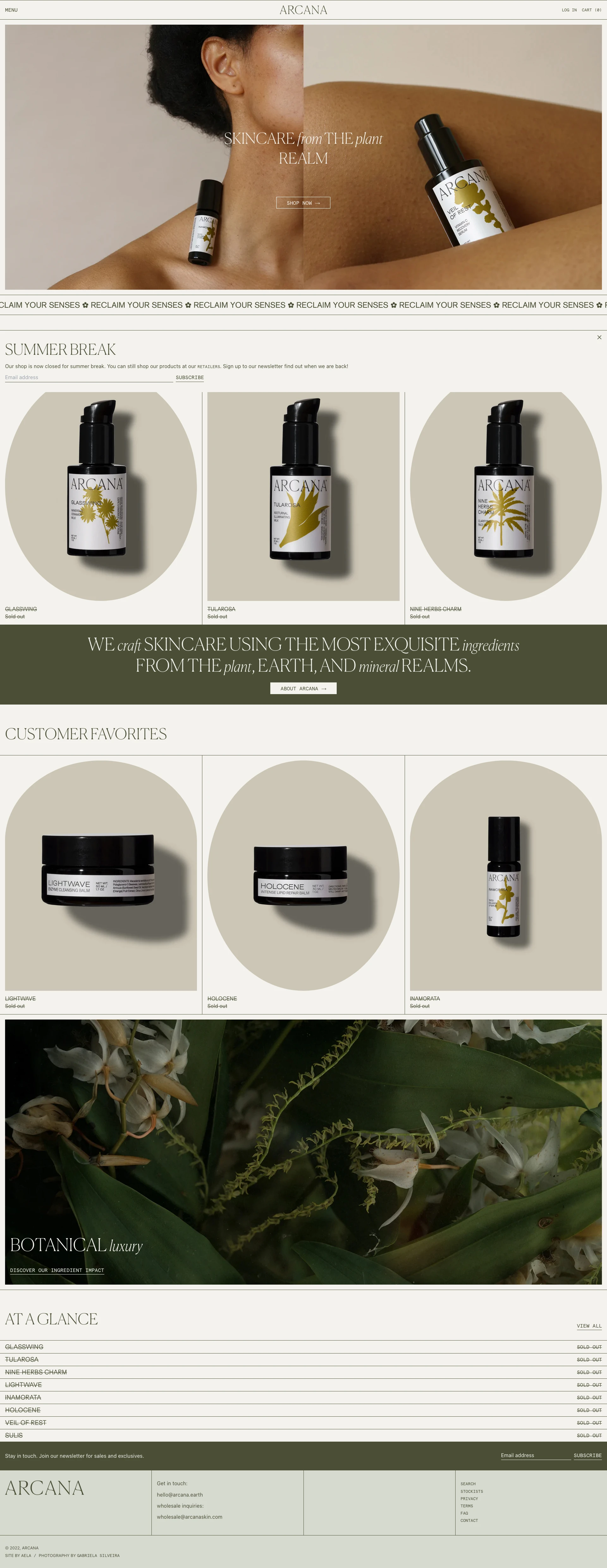 Arcana Landing Page Example: We craft skincare using the most exquisite ingredients from the earth, plant, and mineral realms.