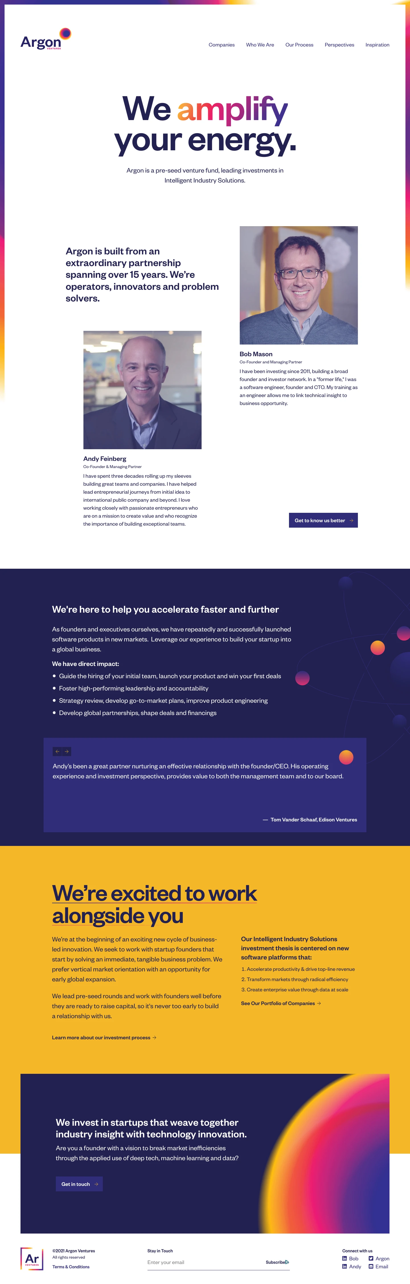 Argon Ventures Landing Page Example: We amplify your energy. Argon is a pre-seed venture fund, leading investments in Intelligent Industry Solutions.