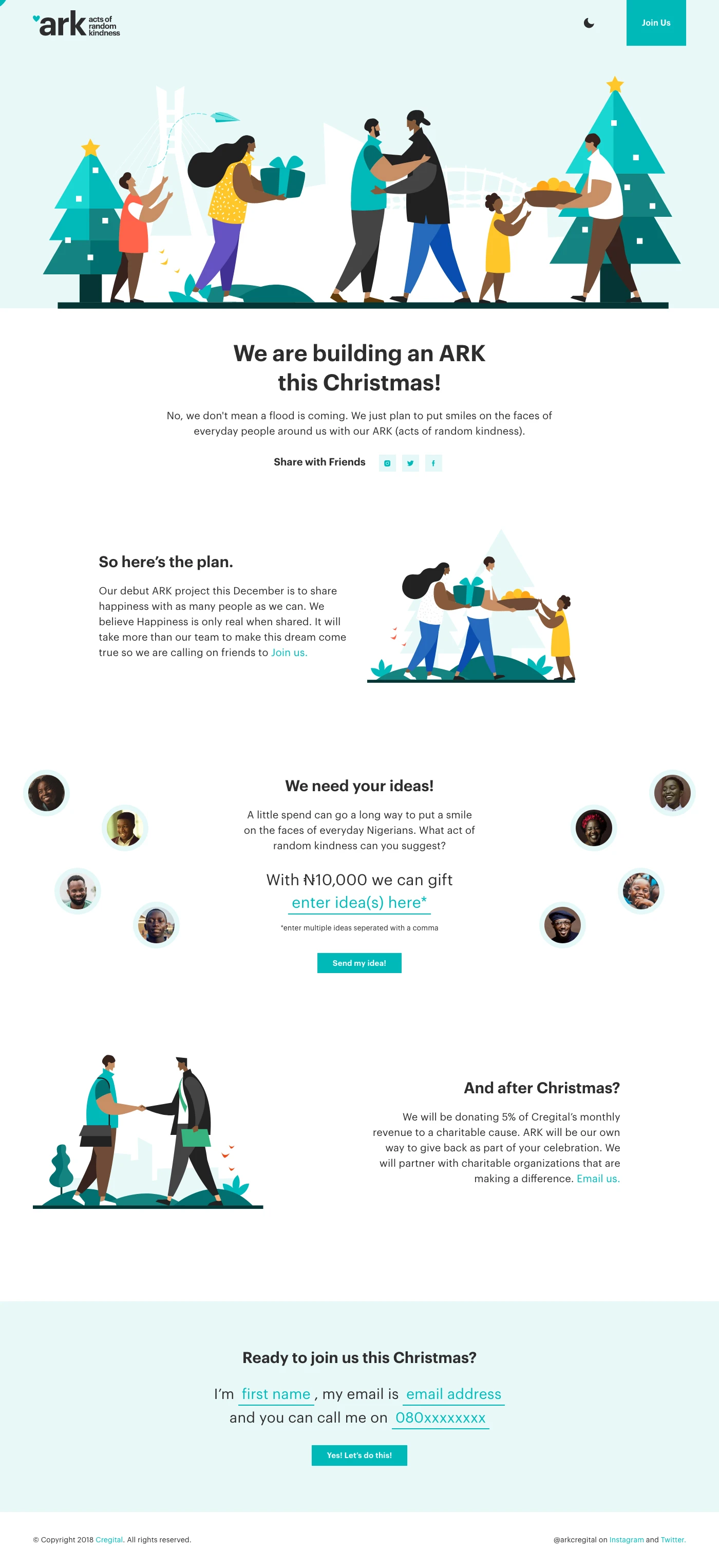 ARK by Cregital Landing Page Example: Sharing happiness with as many people as we can. We believe happiness is an important component of being healthy and it is only real when shared with others.