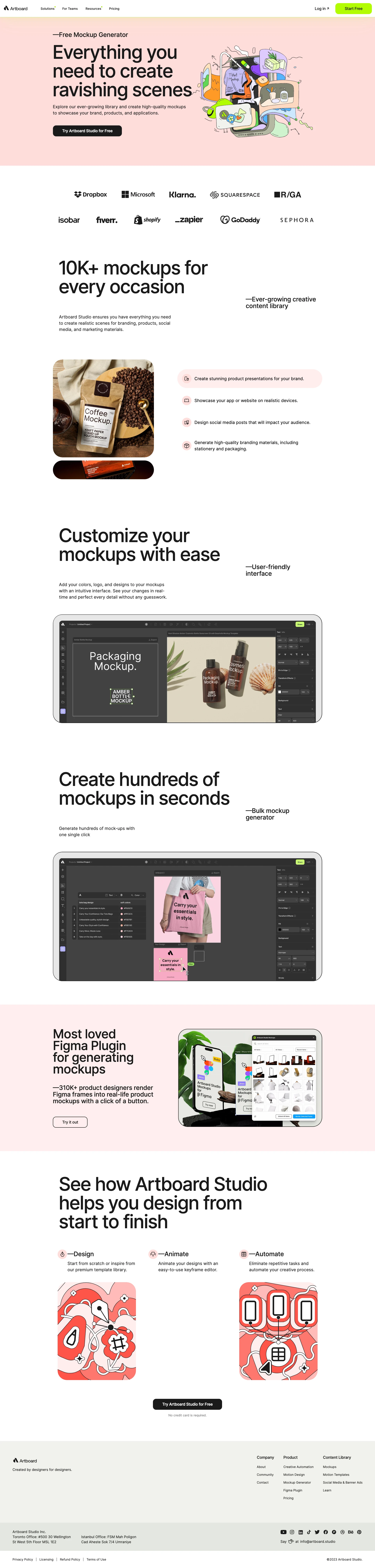 Artboard Studio Landing Page Example: Artboard Studio  is graphic and motion design tool powered with automation features and an extensive content library. Go instantly from one design to thousands of variations with a few clicks.