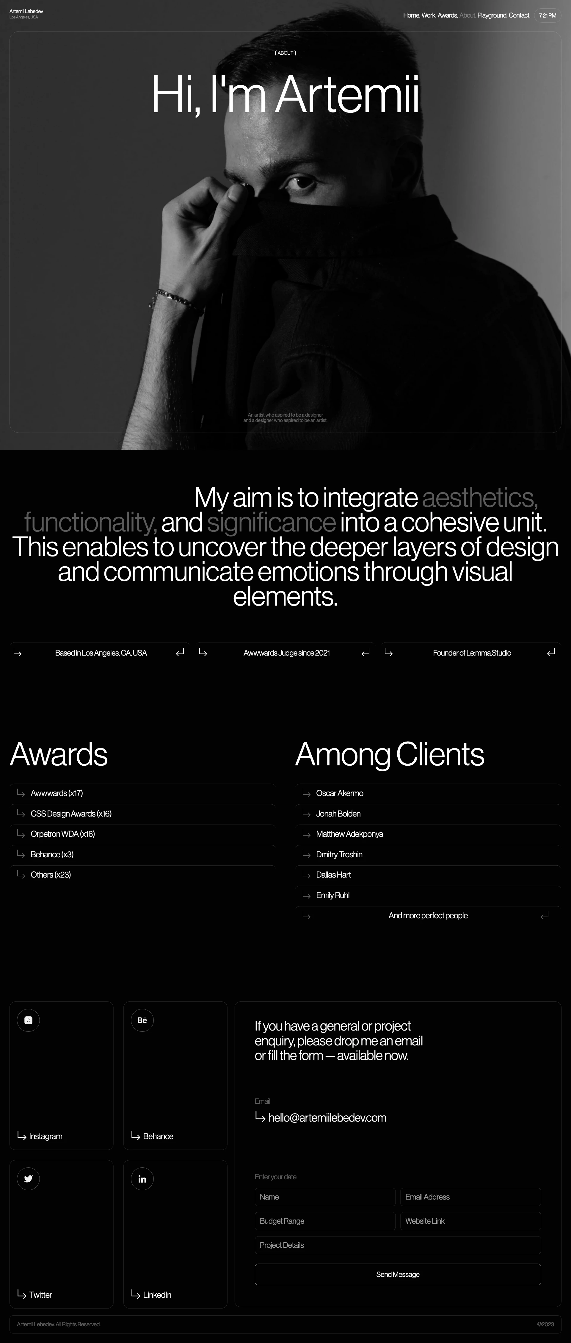 Artemii Lebedev Landing Page Example: Portfolio of Artemii Lebedev, award-winning Designer, Founder & Art Director Lemma.Studio. Product & Visual design, Mobile & Web 2/3.0 projects, Branding, Typography and Animations. My aim is to integrate aesthetics, functionality, and significance into a cohesive unit. This enables to uncover the deeper layers of design and communicate emotions through visual elements.