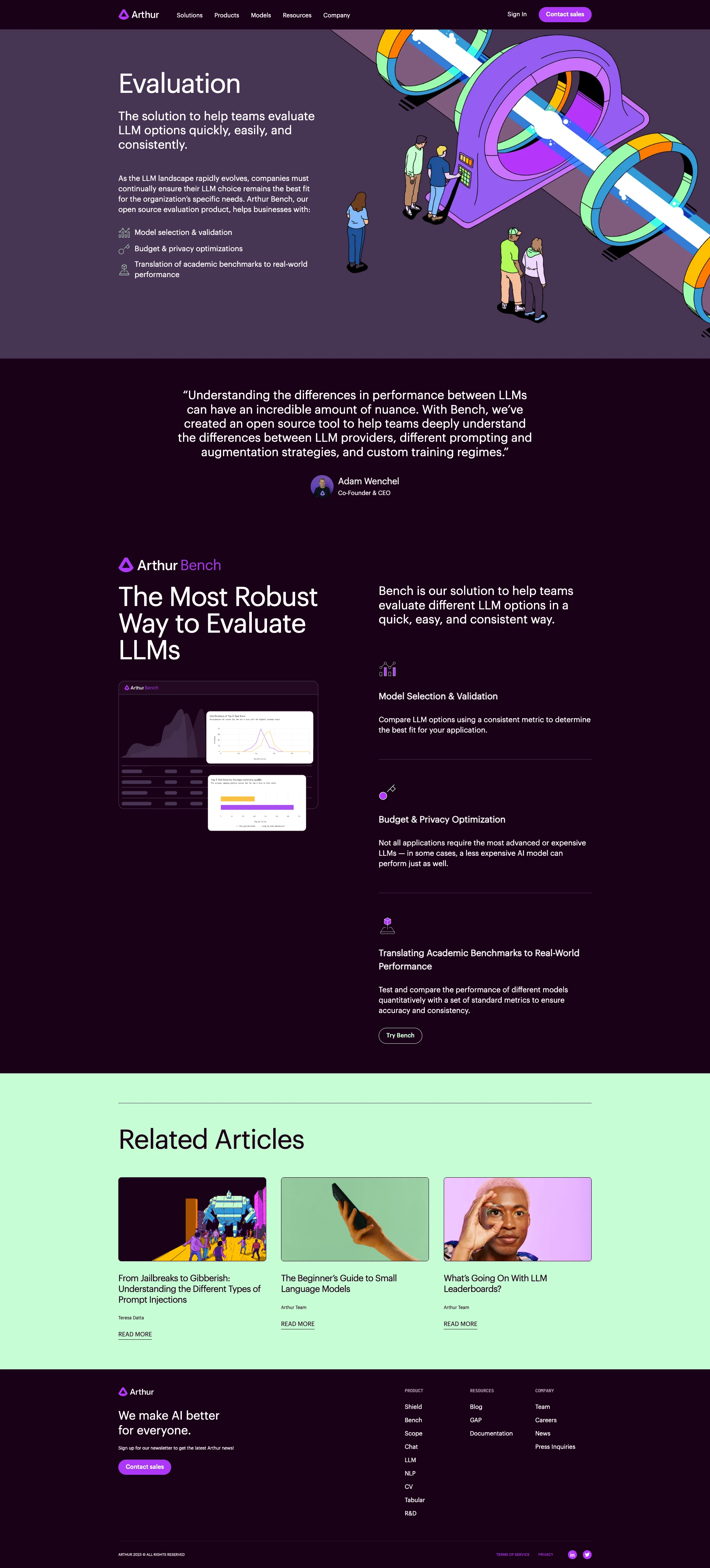 Arthur Landing Page Example: The AI Delivery Engine - Launch, secure, and optimize AI at scale. We work with enterprise teams to monitor, measure, and improve machine learning models for better results across accuracy, explainability, and fairness. We are deeply passionate about building technology to make AI work for everyone.