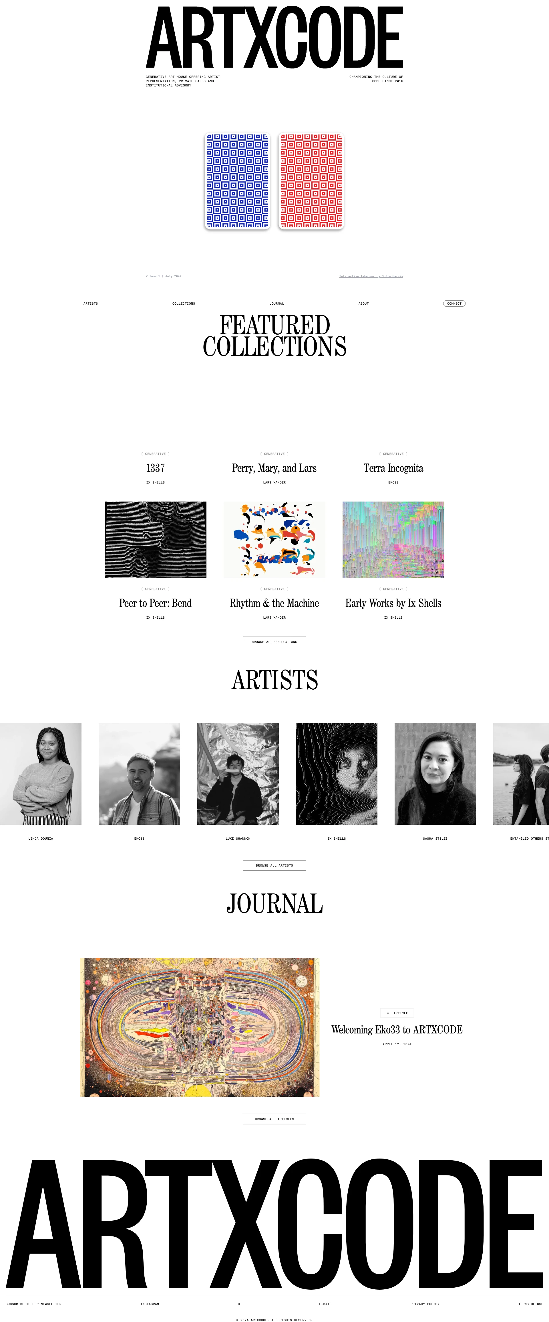 ARTXCODE Landing Page Example: ARTXCODE is a generative art house celebrating the culture of code since 2016. We offer artist management, curated private sales, and offer institutional advisory.