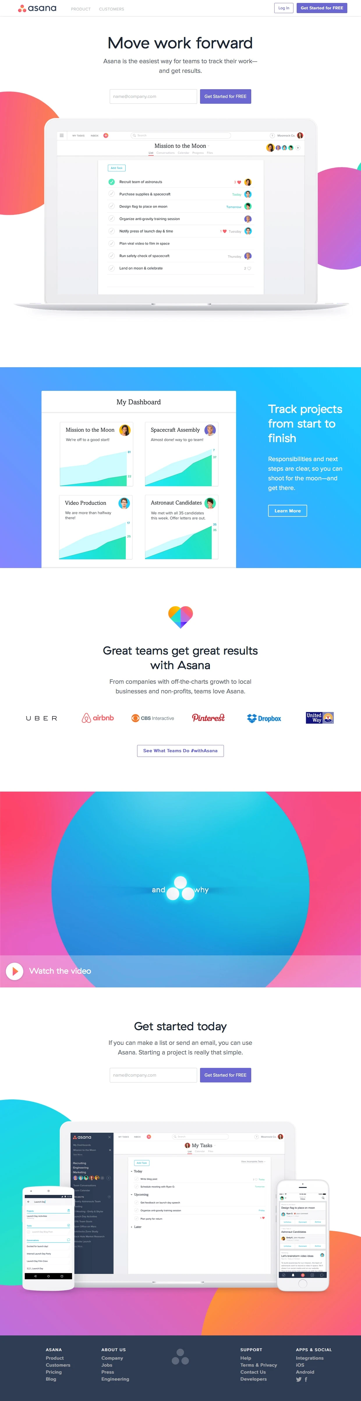 Asana Landing Page Example: The easiest way for teams to track work, and get results. Do great things together.