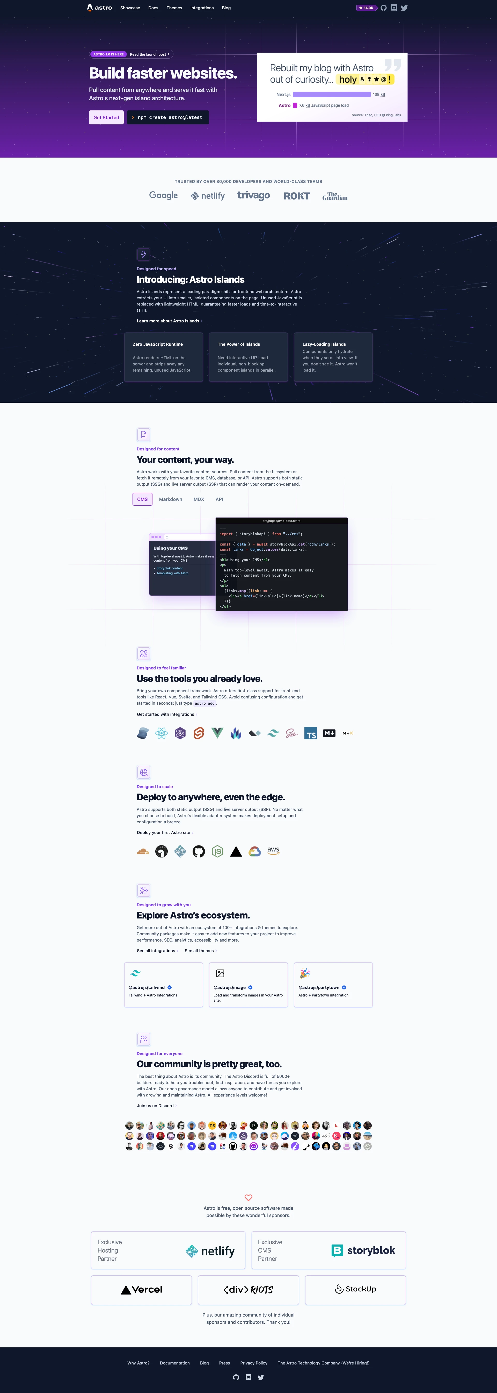 Astro Landing Page Example: Build faster websites. Pull content from anywhere and serve it fast with Astro's next-gen island architecture. Astro is the web framework that you'll enjoy using.