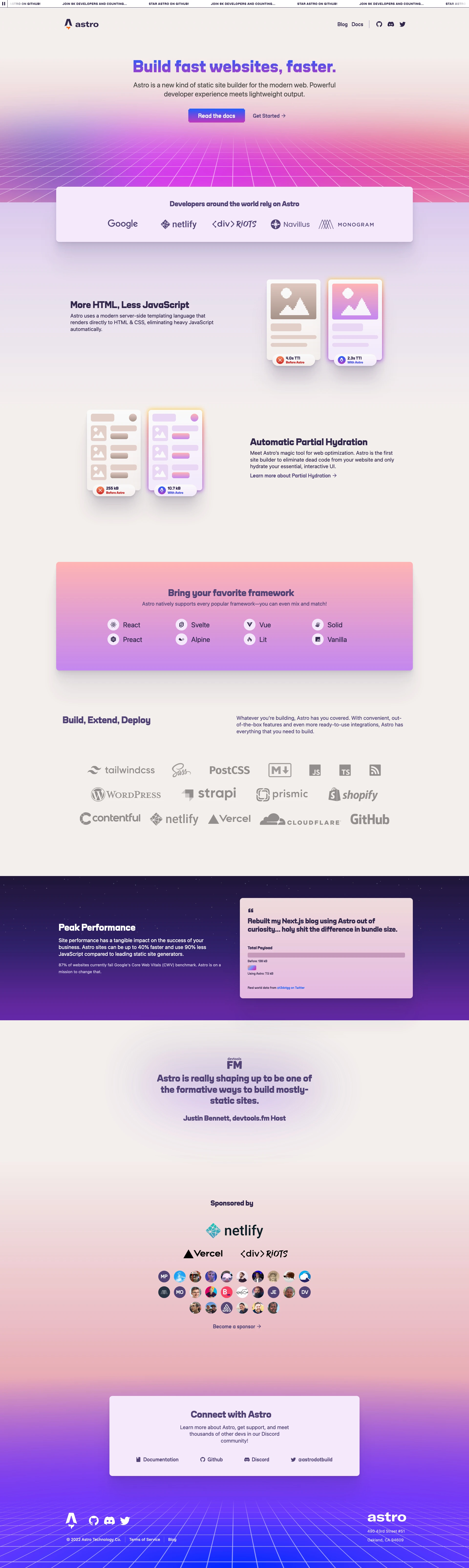 Astro Landing Page Example: Build fast websites, faster. Astro is a new kind of static site builder for the modern web. Powerful developer experience meets lightweight output.