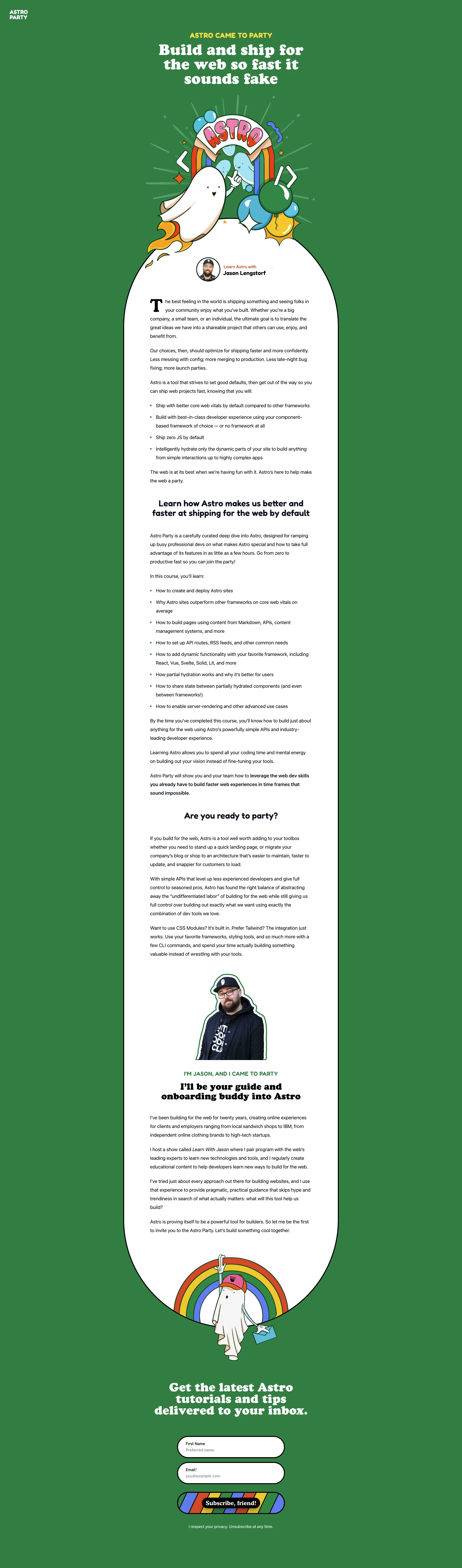 Astro Party Landing Page Example: Build and ship for the web so fast it sounds fake. Learn to build fast and modern websites with Astro framework.