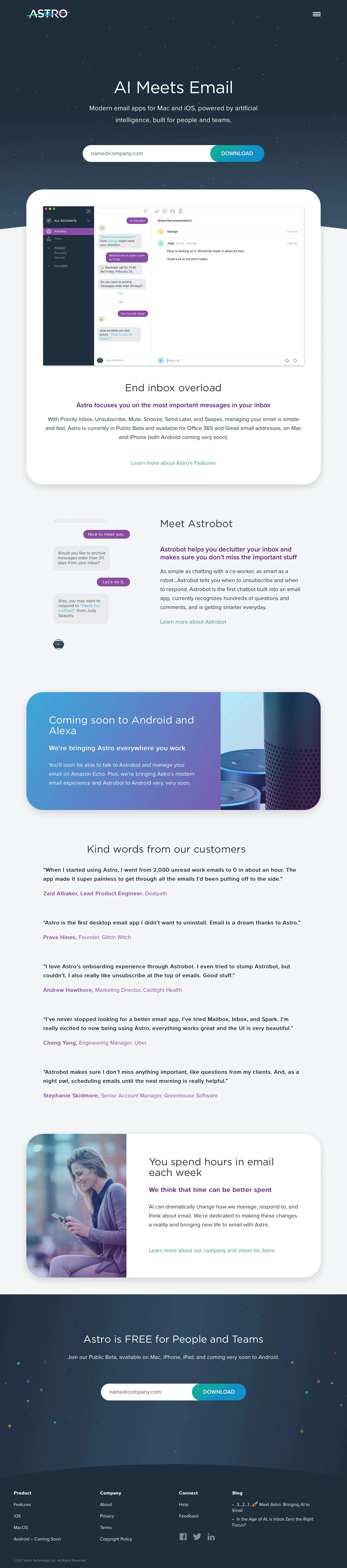 Astro Landing Page Example: Modern email apps for Mac and iOS, powered by artificial intelligence, built for people and teams.