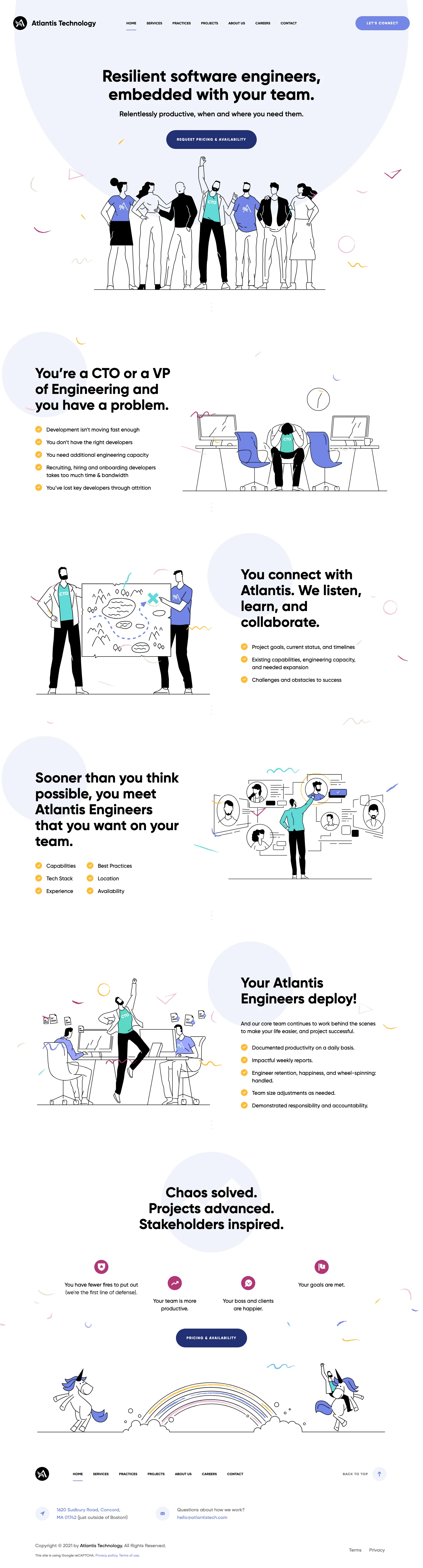 Atlantis Technology Landing Page Example: We listen, learn and collaborate to hit your project goals. Agile. Transparent. Productive. Connect with us today and embed our software engineers with your team.