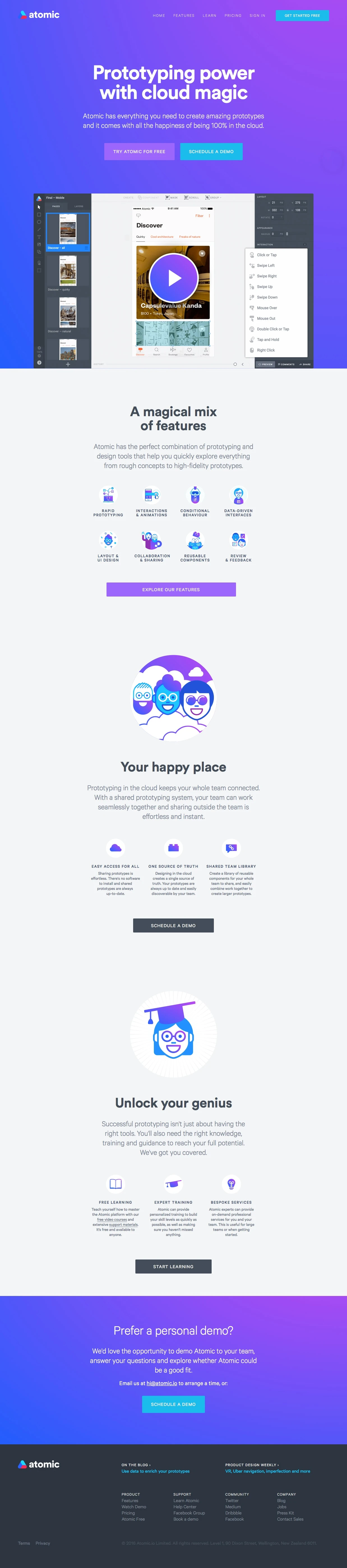 Atomic Landing Page Example: Atomic has everything you need to create amazing prototypes and it comes with all the happiness of being 100% in the cloud.