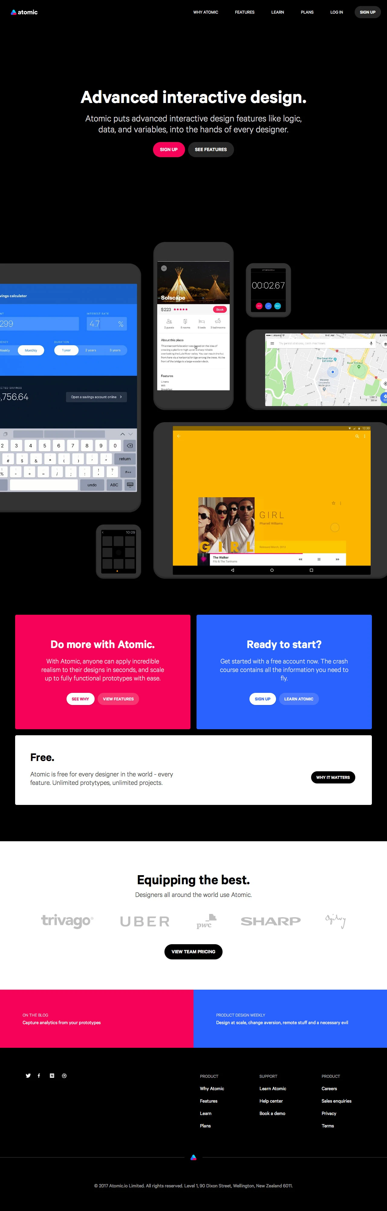 Atomic Landing Page Example: Atomic puts advanced interactive design features like logic, data, and variables, into the hands of every designer.