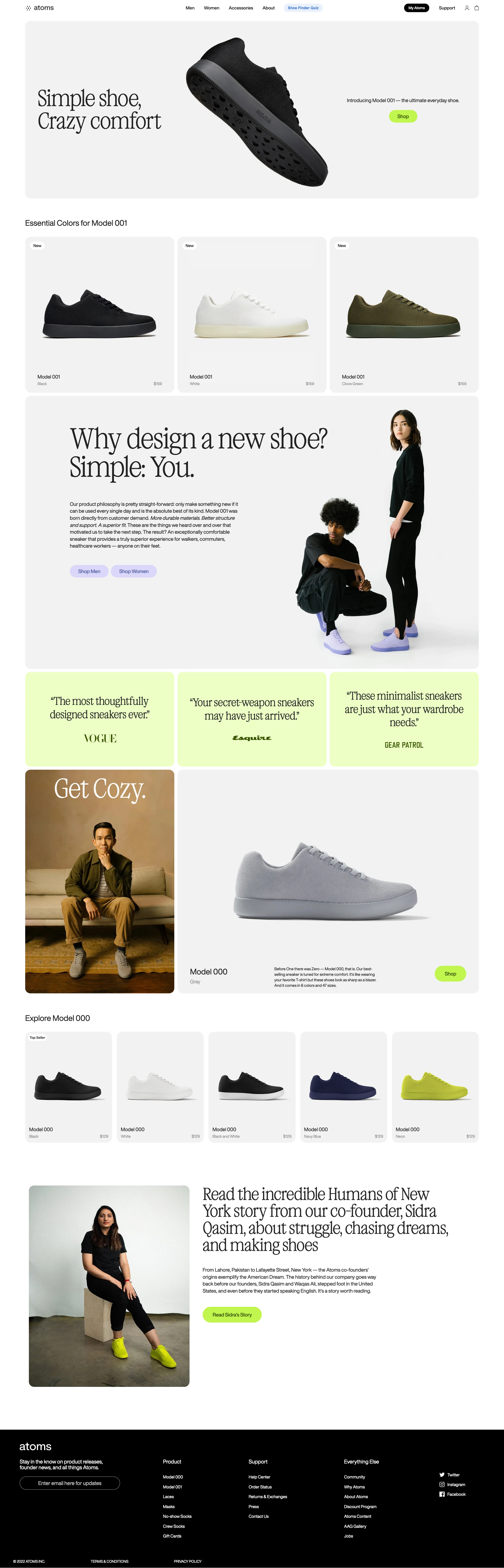 Atoms Landing Page Example: Atoms are the most comfortable shoes for everyday wear. Elastic laces, copper lining, breathable materials, simple design makes them ideal everyday shoes.