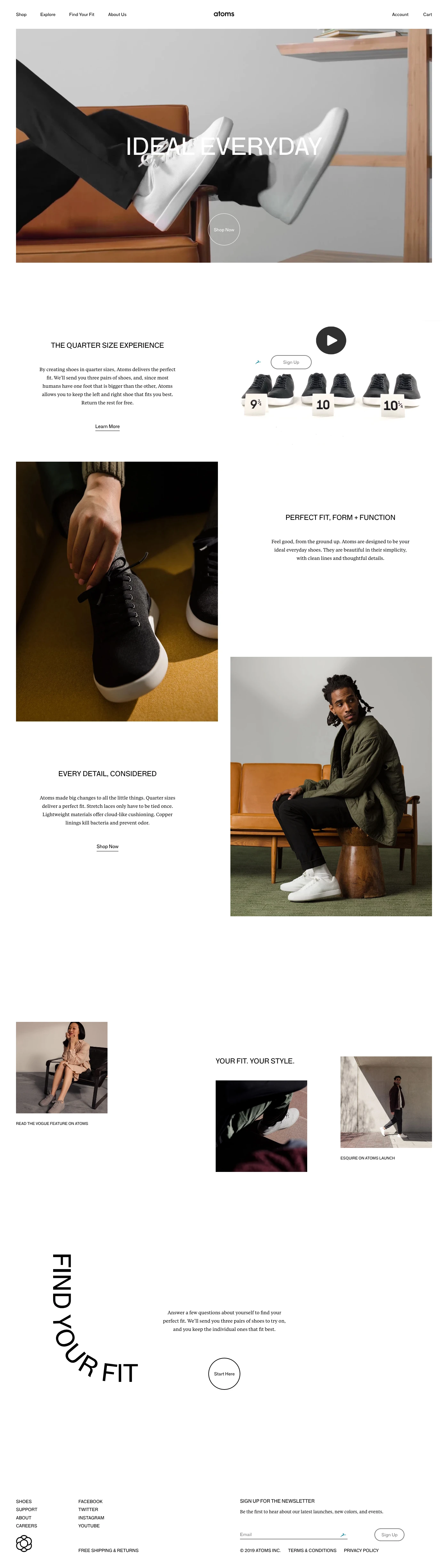 Atoms Landing Page Example: Ideal everyday. Atoms are the world’s first shoes to come in quarter sizes to ensure a perfect fit. The unisex shoes have a simple, classic design that works with your style.