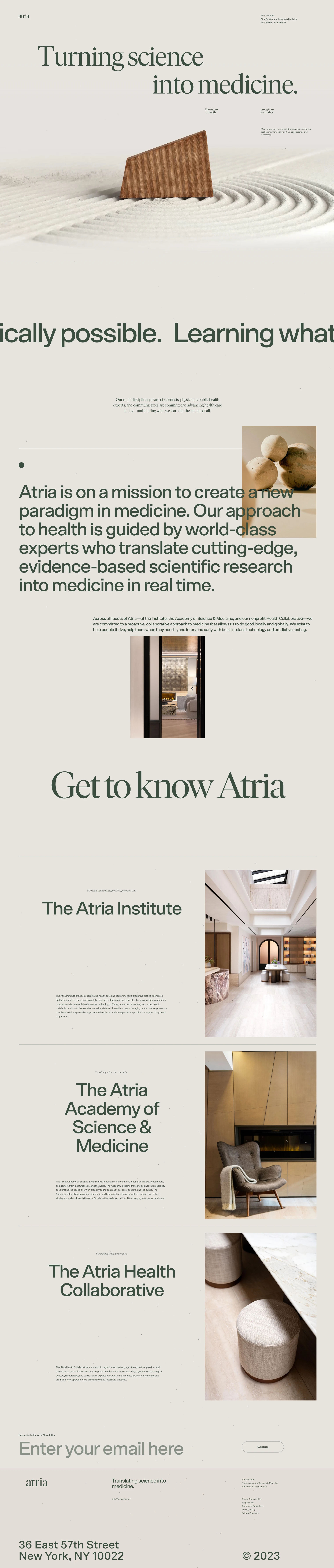 Atria Landing Page Example: Atria takes a scientific approach to preventive medicine, precision medicine, and proactive health care.