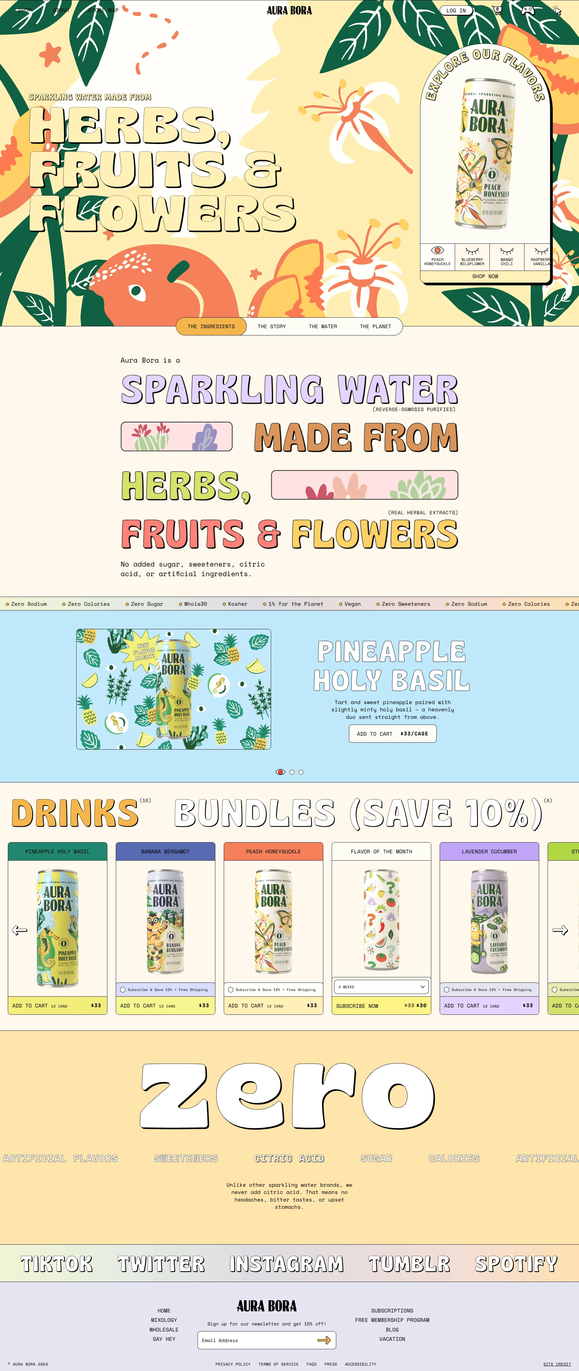 Aura Bora Landing Page Example: Aura Bora is a sparkling water made from real herbs, fruits, and flowers for earthly tastes and heavenly feelings. 0 Calories, 0 Sugar, 0 Sodium.