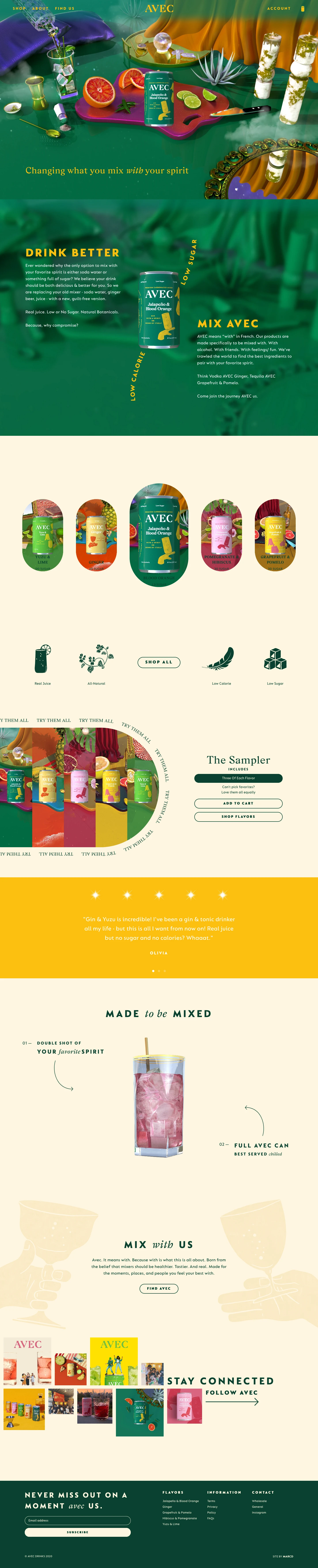 AVEC Drinks Landing Page Example: All Natural, Real Juice and Low in Sugar/Calories. Dont compromise what you mix with your spirit.