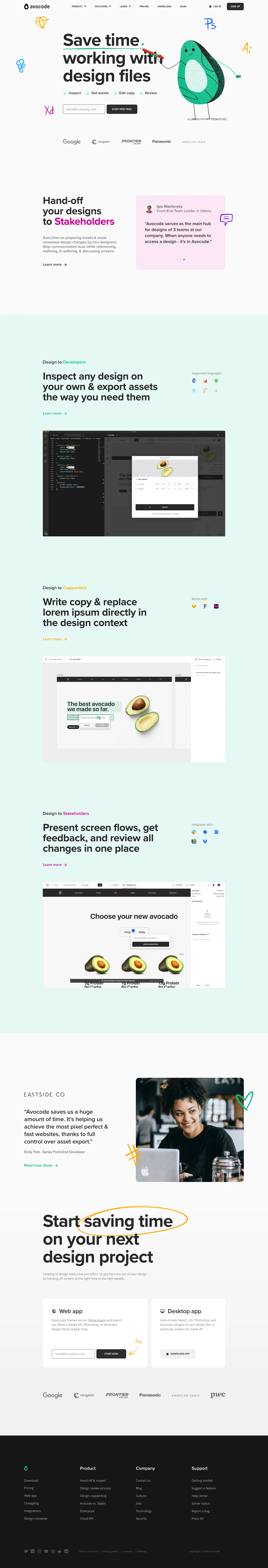 Avocode Landing Page Example: Centralize design collaboration, developer hand-off, version control, screen flows, & feedback in one tool. Work with Sketch, Adobe XD, Photoshop, Illustrator, and Figma designs on macOS, Windows, and Linux.