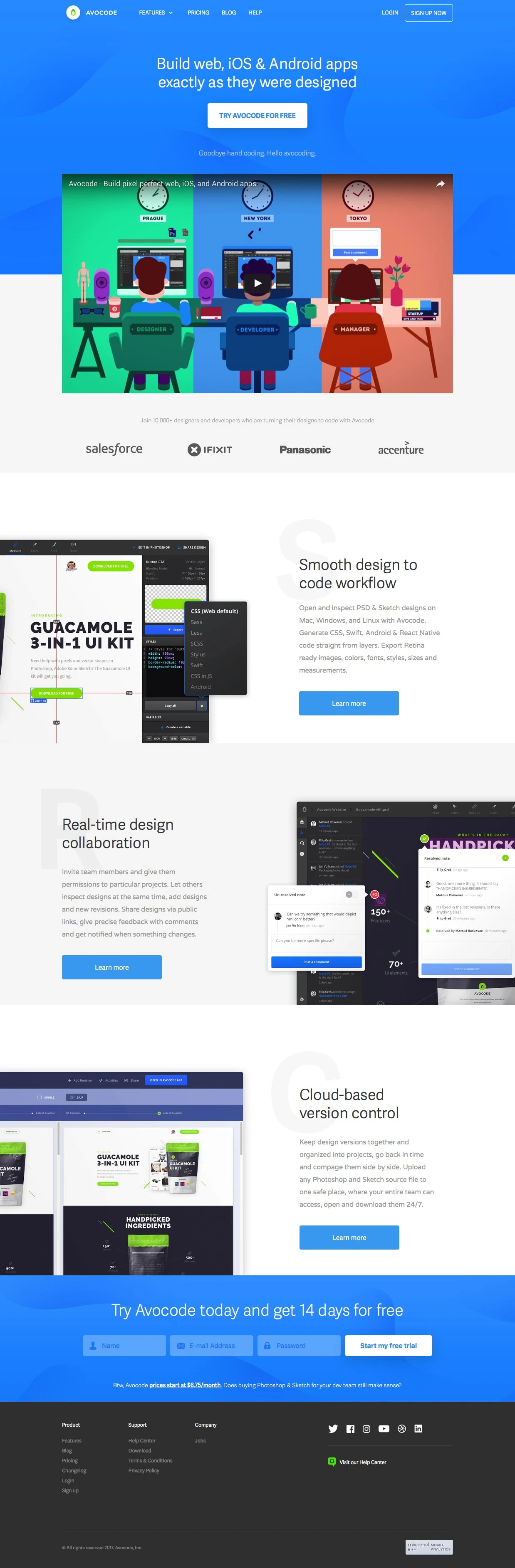 Avocode Landing Page Example: Build web, iOS & Android apps exactly as they were designed