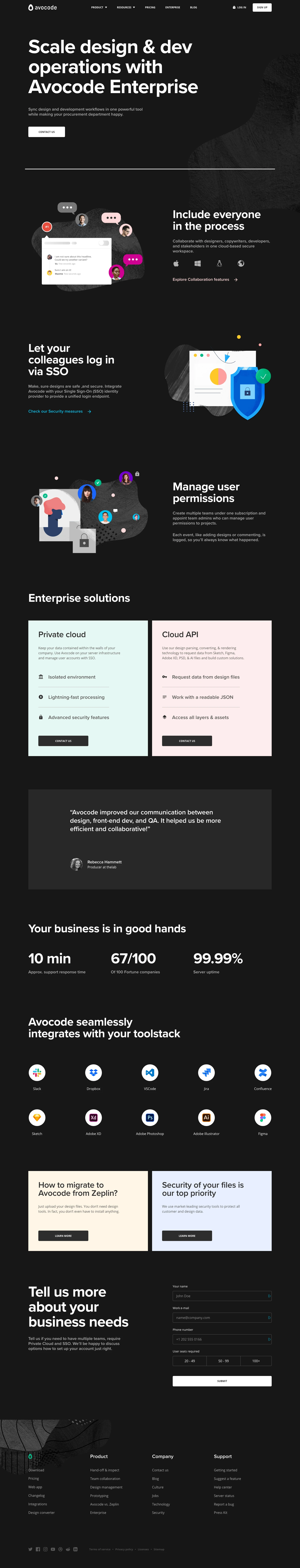 Avocode Enterprise Landing Page Example: Sync design and development workflows in one powerful tool while making your procurement department happy.