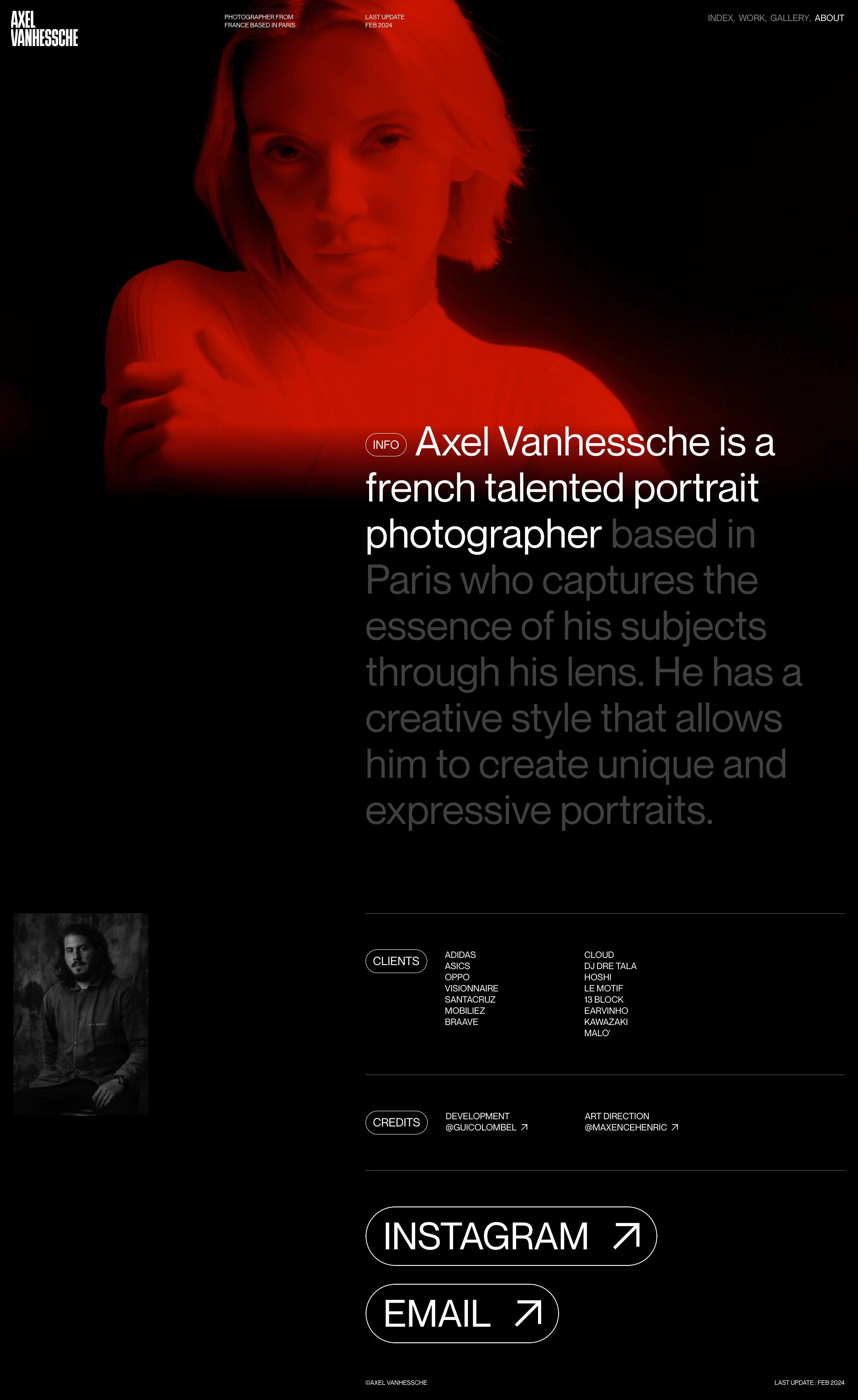 Axel Vanhessche Landing Page Example: Axel Vanhessche is a french talented portrait photographer based in Paris who captures the essence of his subjects through his lens.