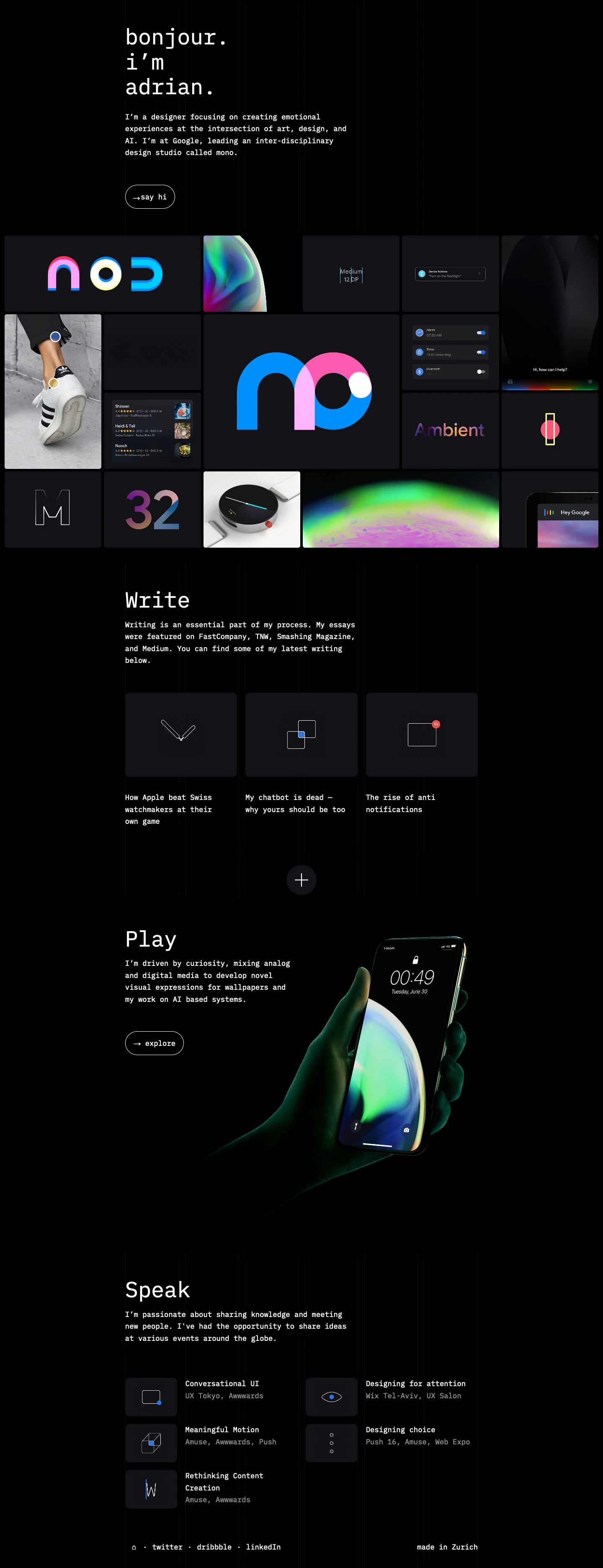 Adrian Z Landing Page Example: I’m a designer focusing on creating emotional experiences at the intersection of art, design, and AI. I’m at Google, leading an inter-disciplinary design studio called mono.