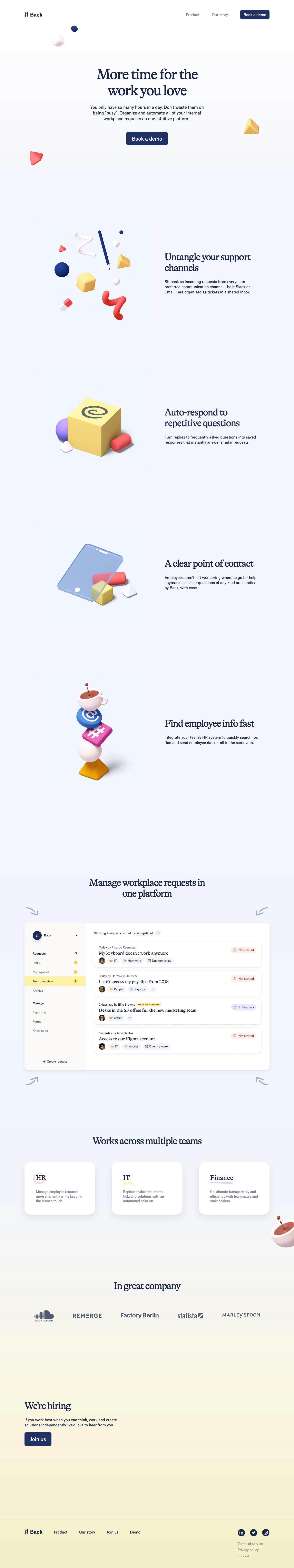 Back Landing Page Example: You only have so many hours in a day. Don’t waste them on being “busy”. Organize and automate all of your internal workplace requests on one intuitive platform.