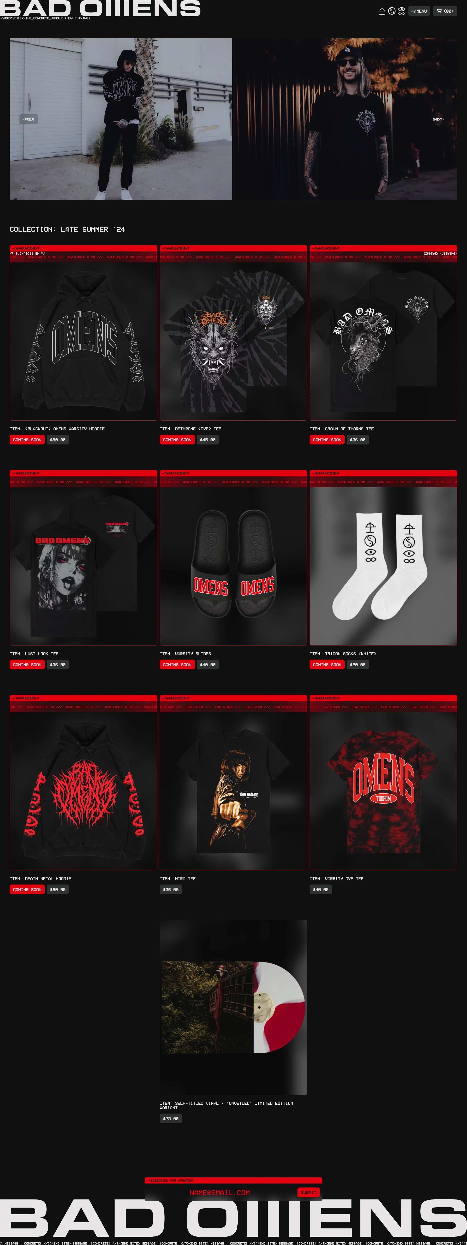 Bad Omens Landing Page Example: Our store is independent. Every step of the process from designing and printing to packing and shipping is handled or overseen by Bad Omens and the people we've loved working with since the earliest days of this band.