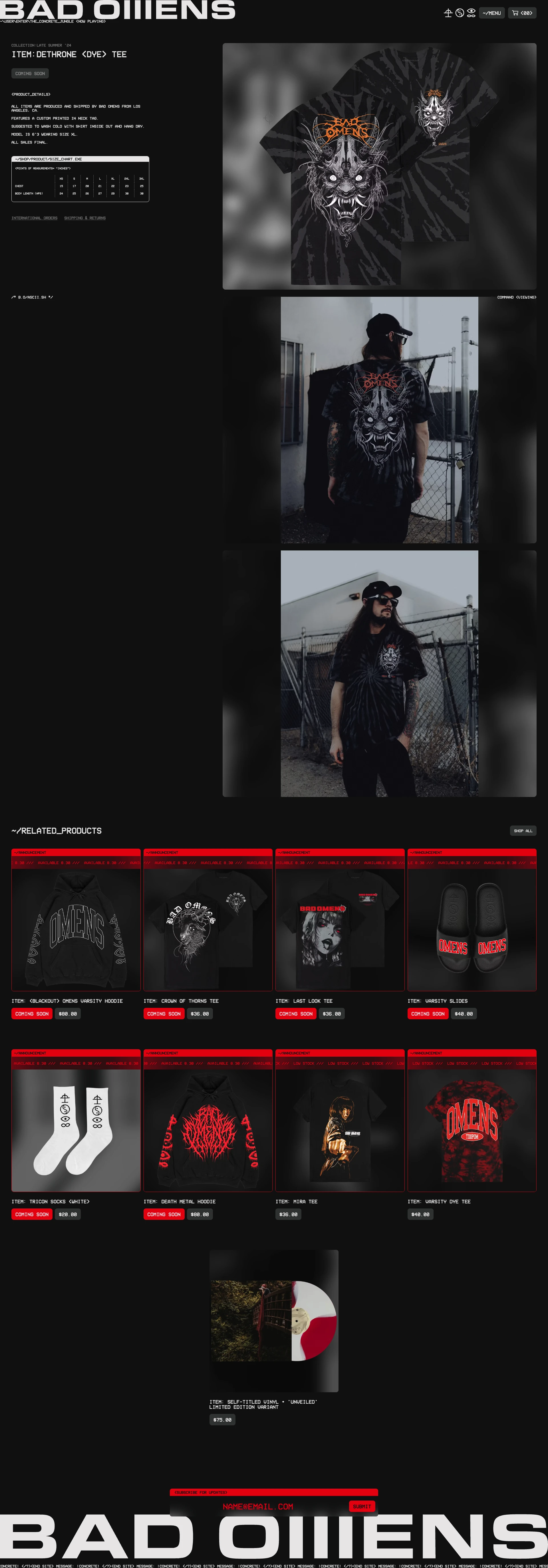 Bad Omens Landing Page Example: Our store is independent. Every step of the process from designing and printing to packing and shipping is handled or overseen by Bad Omens and the people we've loved working with since the earliest days of this band.