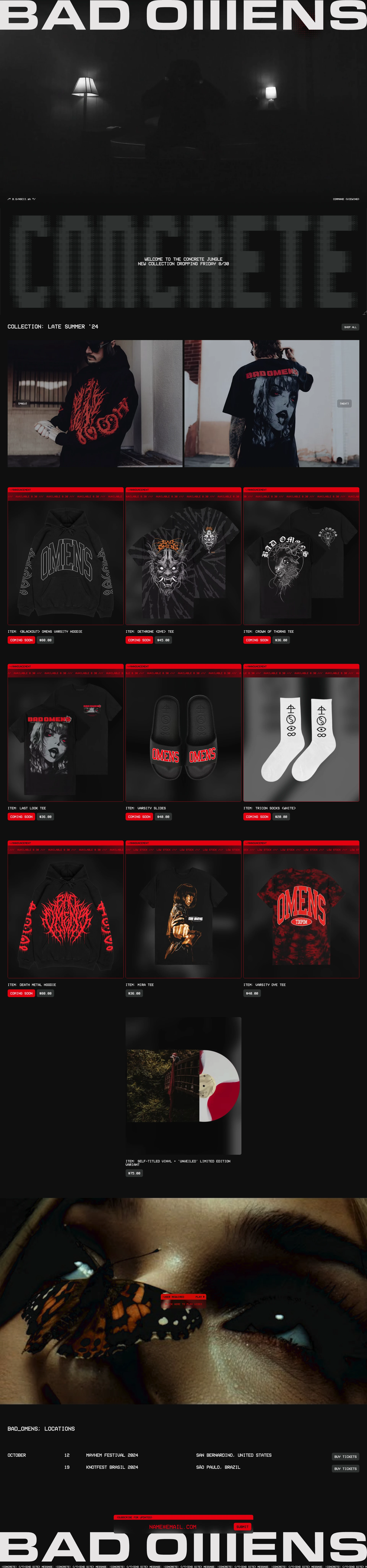 Bad Omens Landing Page Example: Our store is independent. Every step of the process from designing and printing to packing and shipping is handled or overseen by Bad Omens and the people we've loved working with since the earliest days of this band.