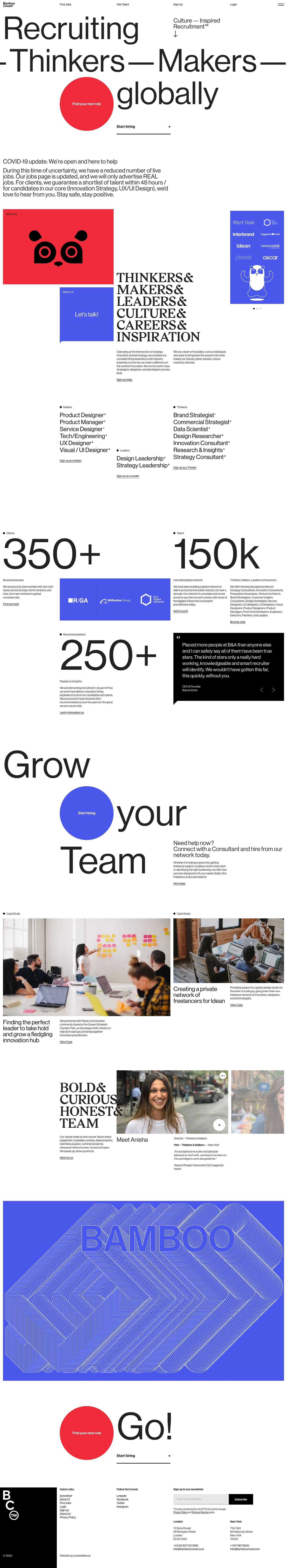 Bamboo Crowd Landing Page Example: We help businesses bring innovation to life by building teams of Thinkers, Makers, and Leaders. Find your next role in Strategy, Design, or Development.