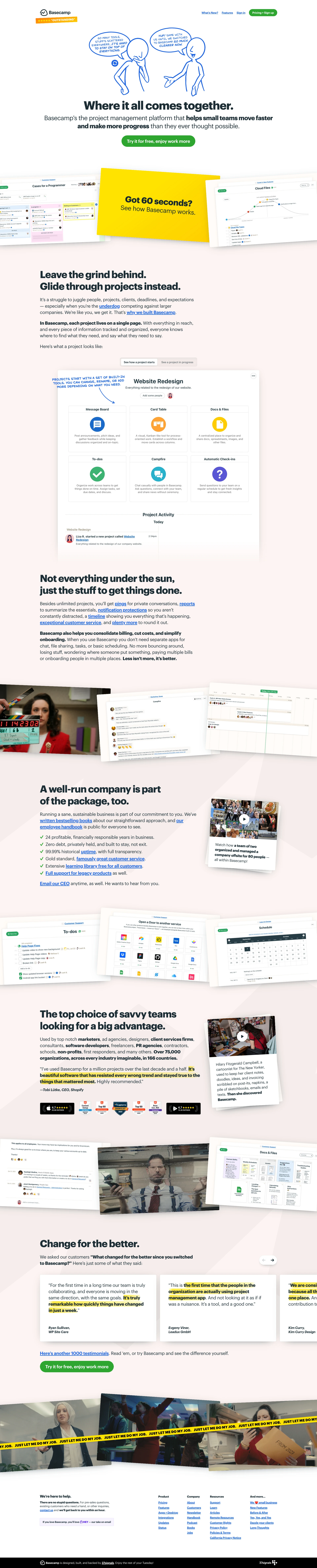 Basecamp Landing Page Example: Basecamp’s the project management platform that helps small teams move faster and make more progress than they ever thought possible.