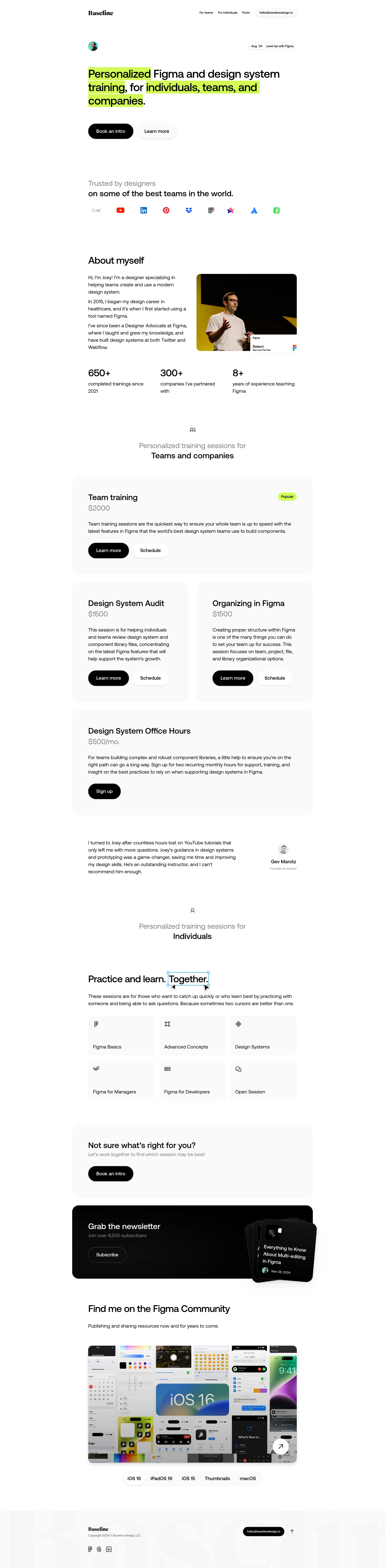 Baseline Design Landing Page Example: Personalized Figma and design system training, for individuals, teams, and companies.