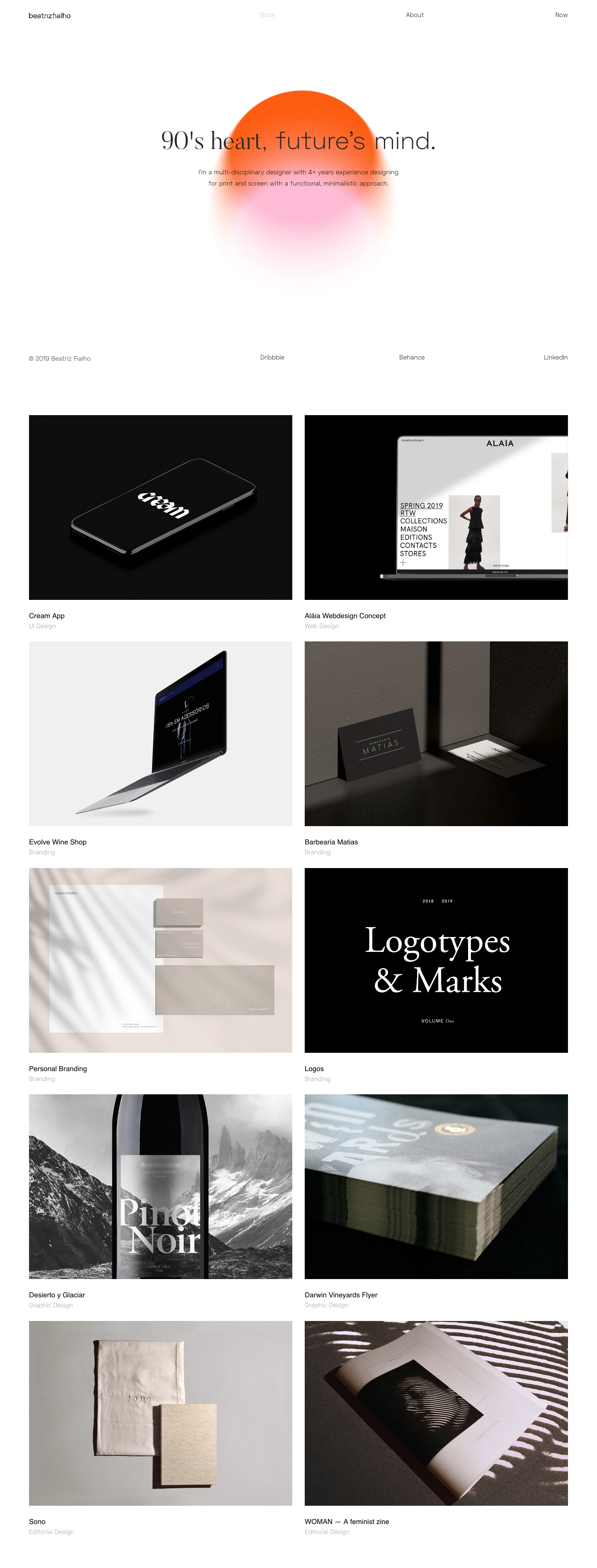 Beatriz Fialho Landing Page Example: I’m a multi-disciplinary designer with 4+ years experience designing for print and screen with a functional, minimalistic approach.