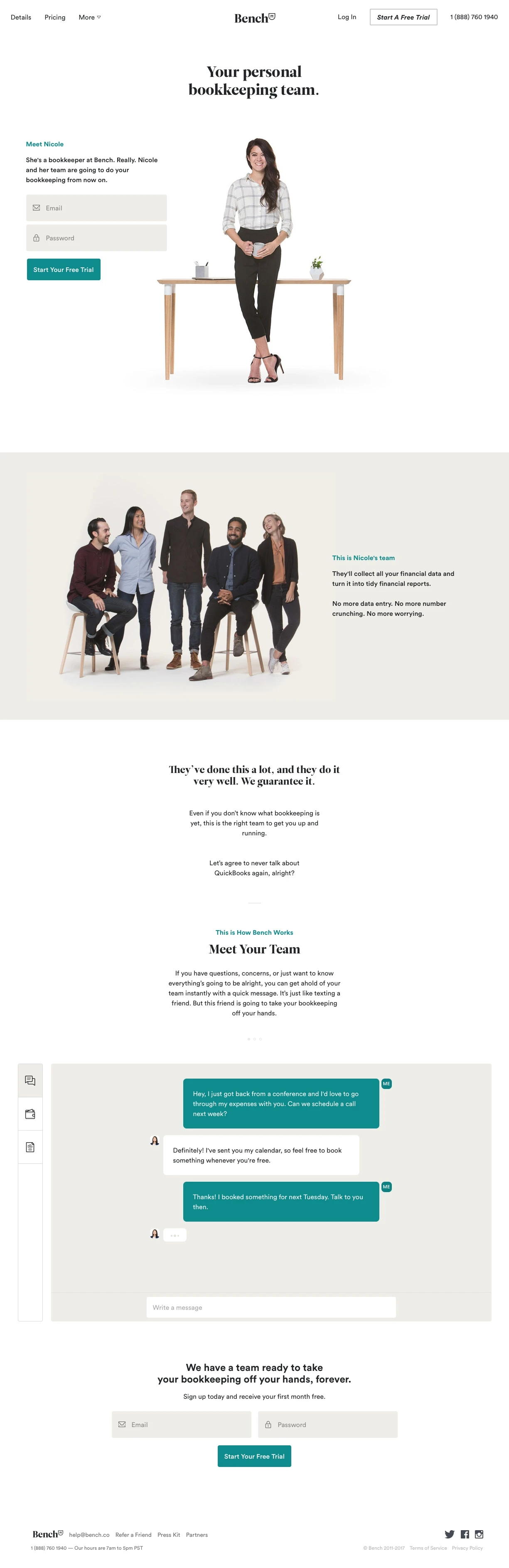 Bench Landing Page Example: Bench is an online bookkeeping service. We pair you with a team of professional bookkeepers who do your bookkeeping, so you don't have to.