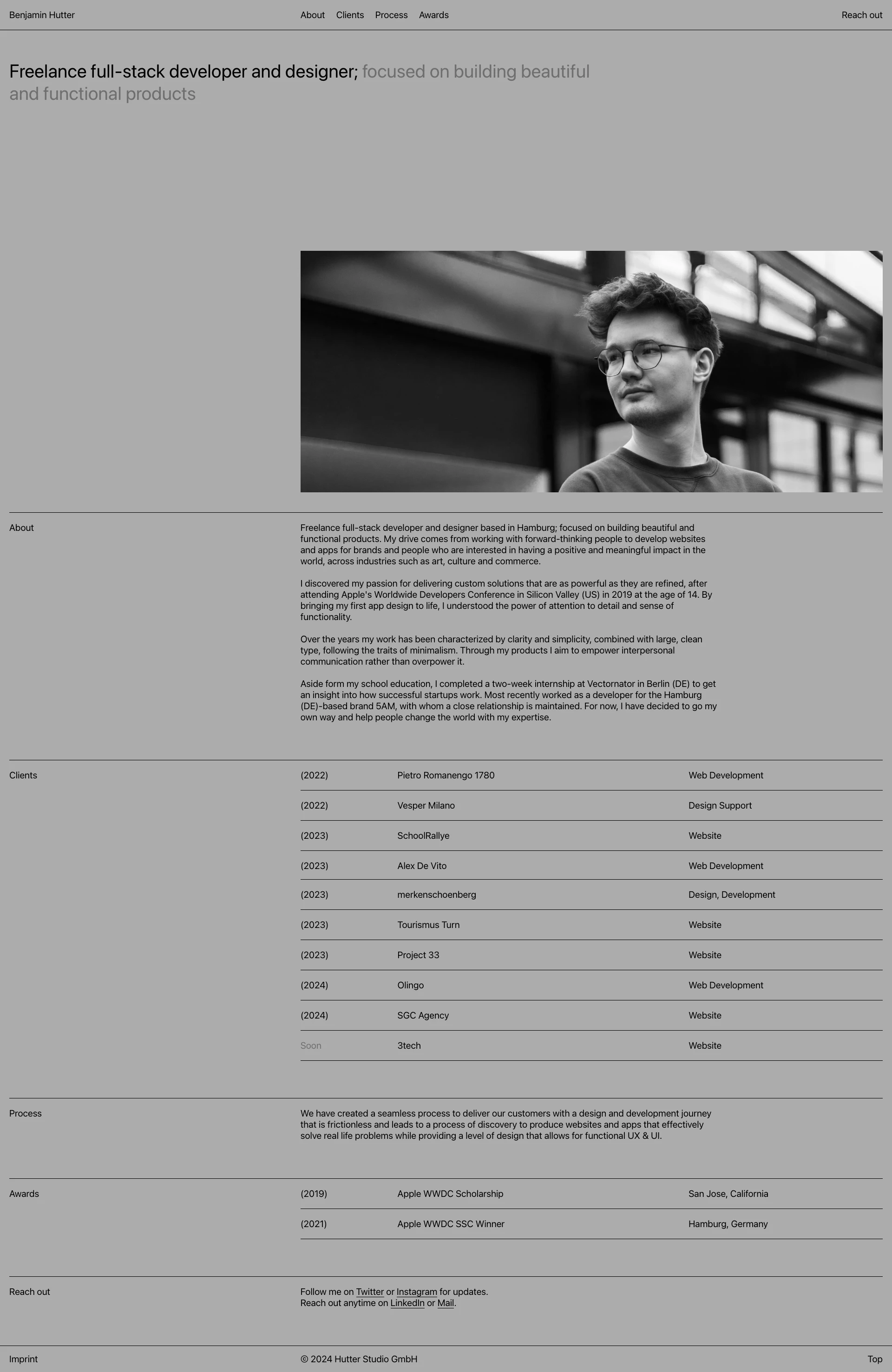 Benjamin Hutter Landing Page Example: Freelance full-stack developer and designer based in Hamburg; focused on building beautiful and functional products.