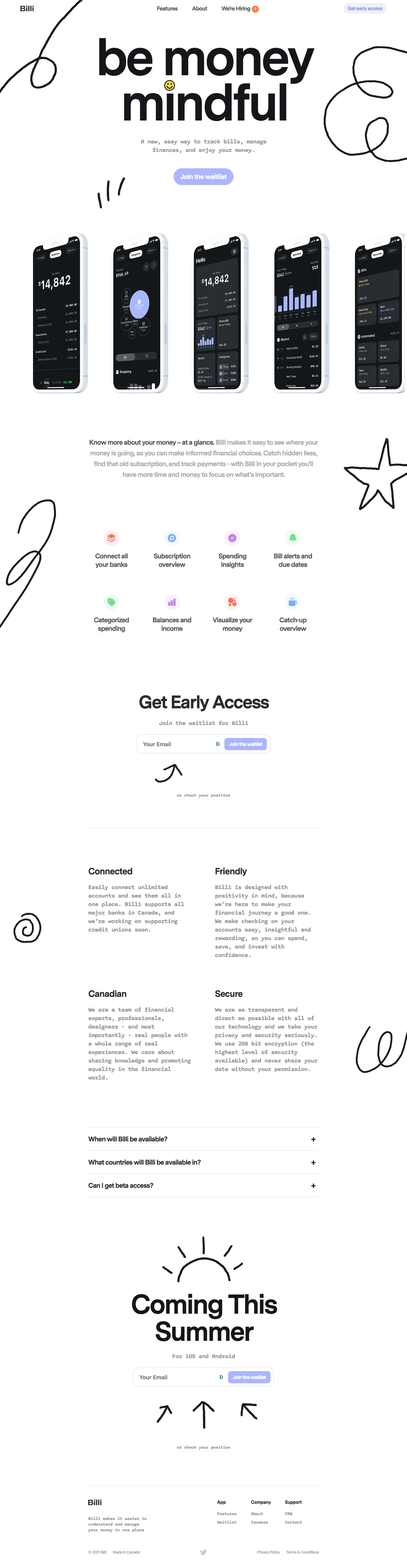 Billi Landing Page Example: Be money mindful. A new, easy way to track bills, manage finances, and enjoy your money.