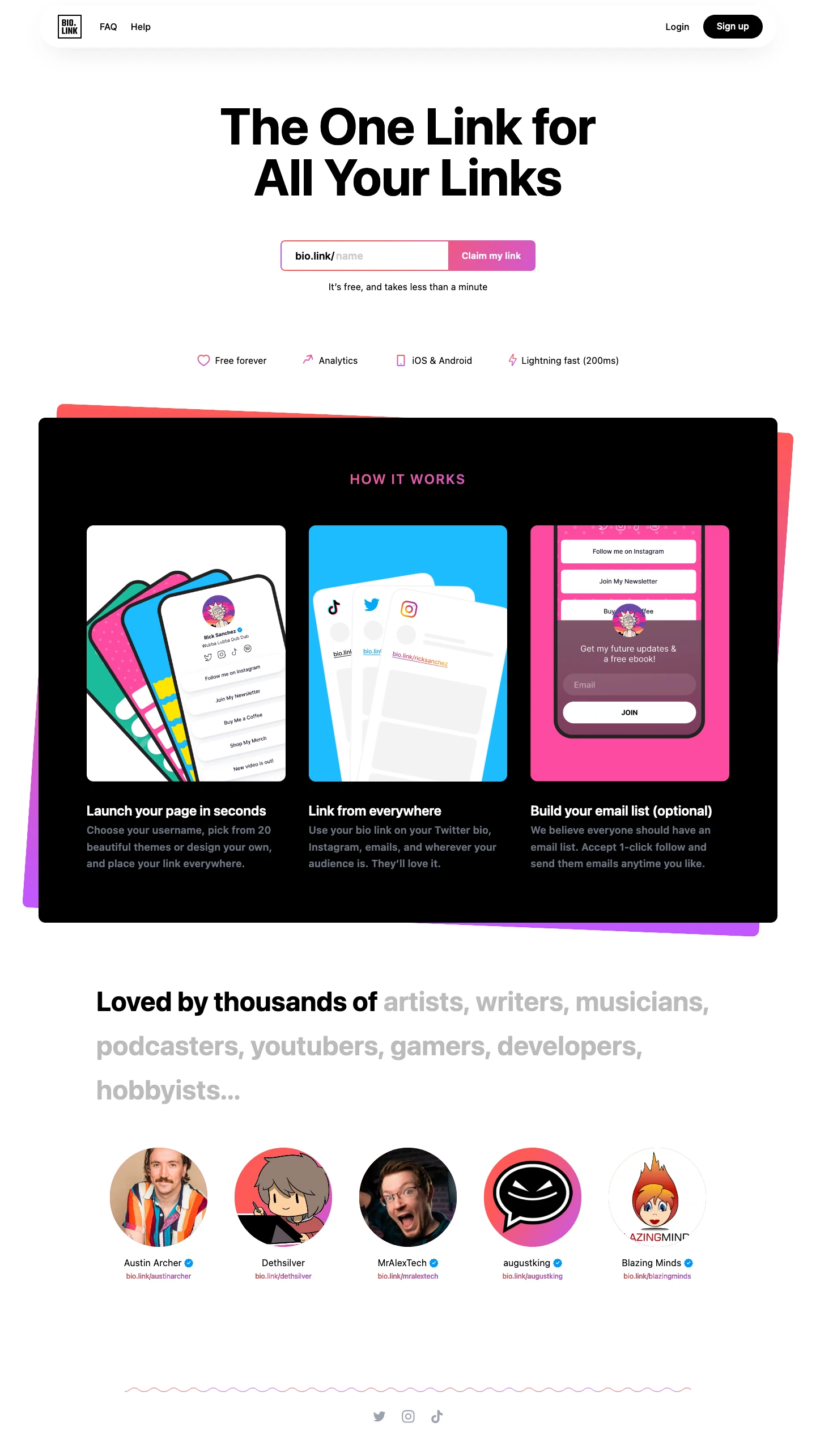 Bio Link Landing Page Example: Bio Link is a free and elegant link-in-bio tool for creators. Claim your name in less than a minute!