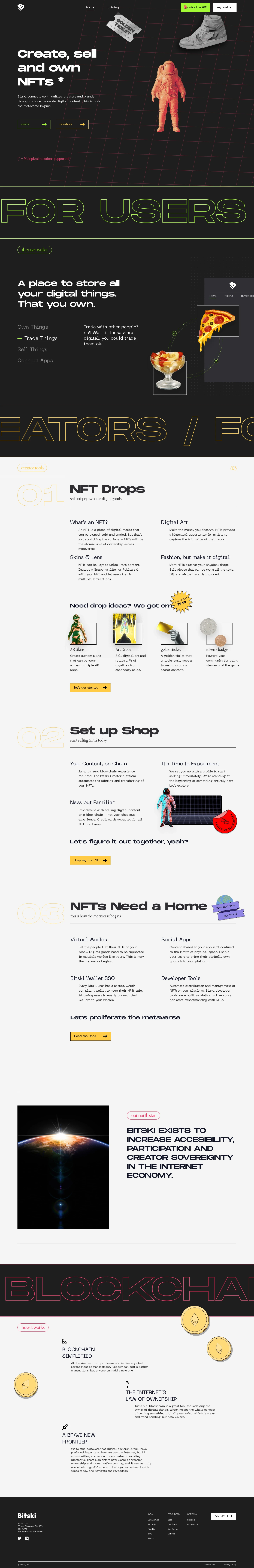 Bitski Landing Page Example: Create, sell and own NFTs. Bitski connects communities, creators and brands through unique, ownable digital content. This is how the metaverse begins.