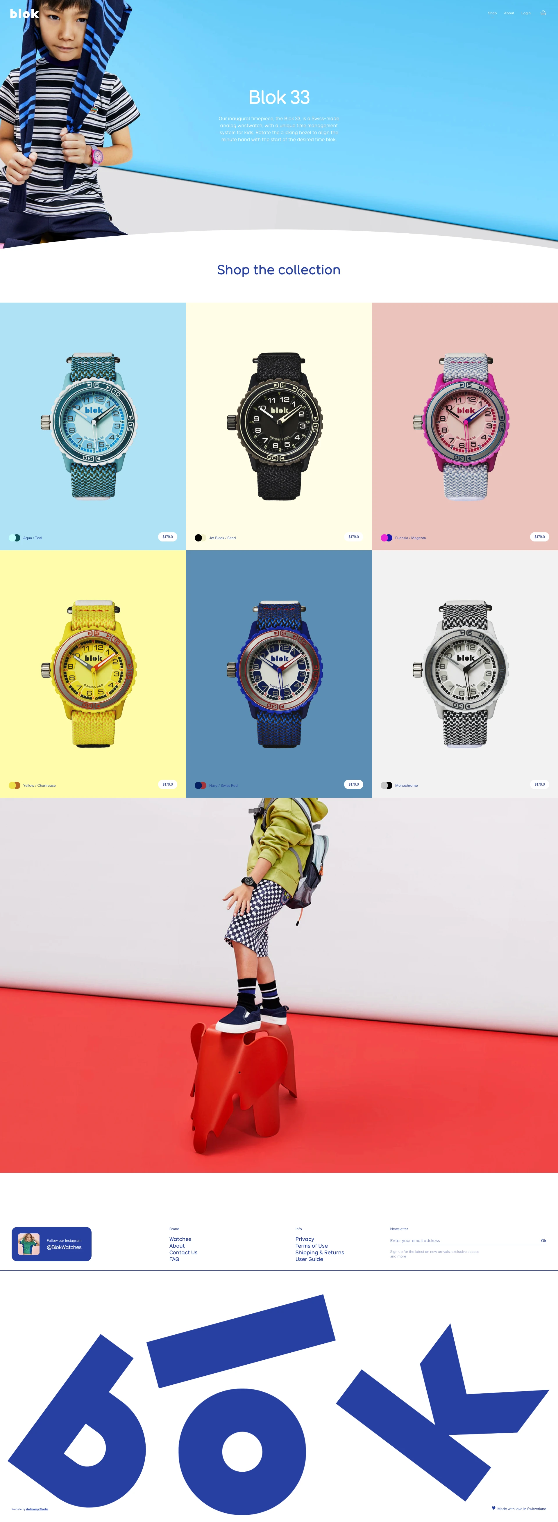 Blok Watches Landing Page Example: Blok 33 is a Swiss-made mechanical wristwatch for kids featuring a Swiss ETA movement, sapphire glass, and a stainless steel screw down crown, all housed in a bio-polymer case, waterproof to 100m.