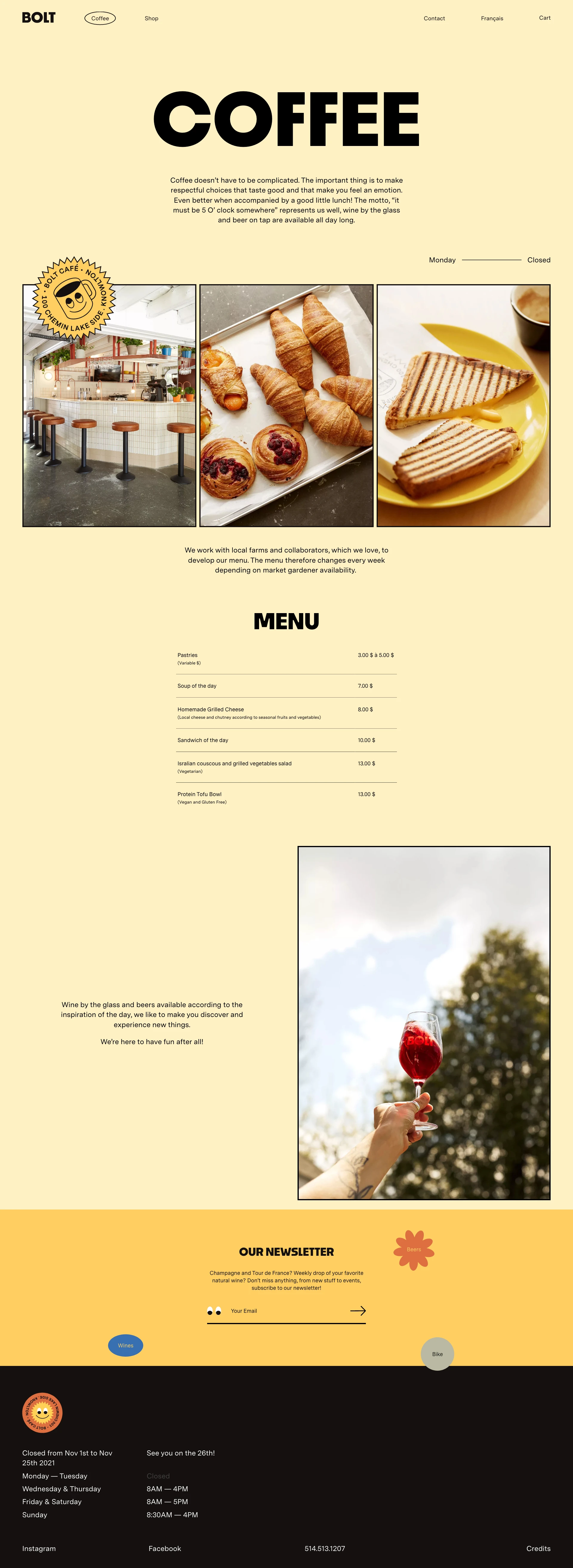 Bolt Café Landing Page Example: Sun is shining ! Delicious lunches, good coffee and excellent wines, say hello to BOLT. A new café-wine bar in the heart of Knowlton.