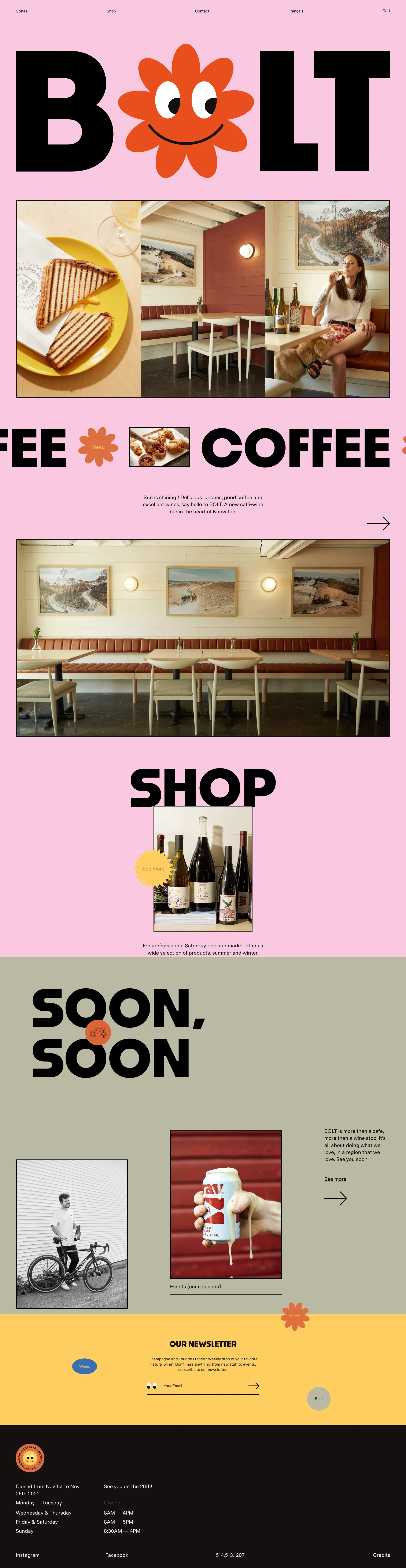 Bolt Café Landing Page Example: Sun is shining ! Delicious lunches, good coffee and excellent wines, say hello to BOLT. A new café-wine bar in the heart of Knowlton.