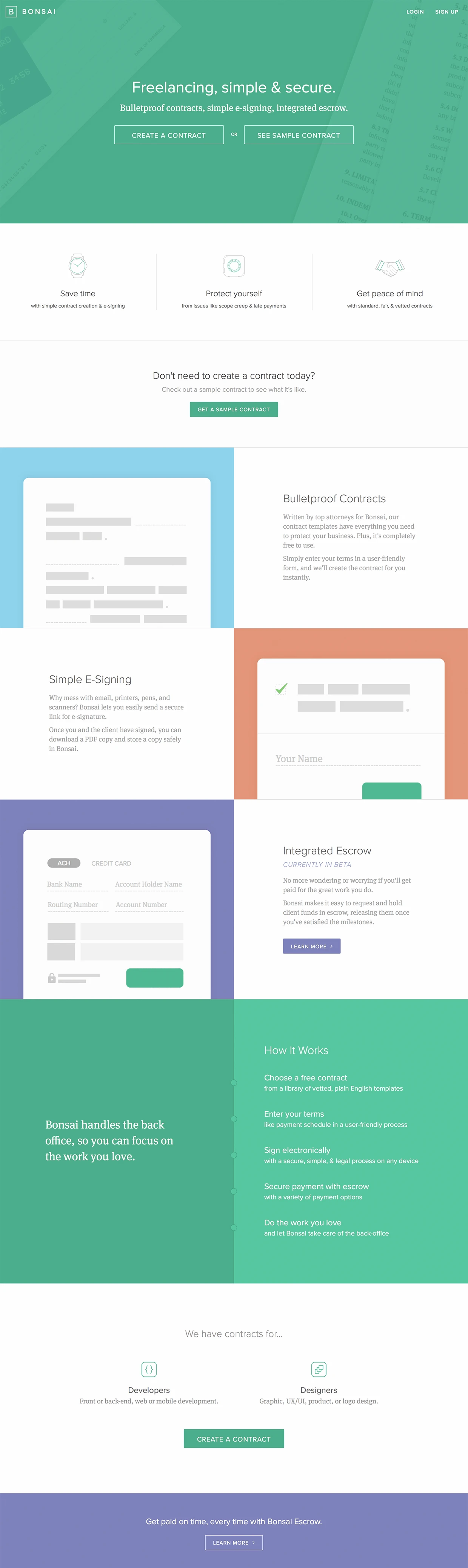 Bonsai Landing Page Example: Bonsai provides bulletproof freelance work contract templates, simple e-signing, and payment escrow for creative freelancers like designers and developers.