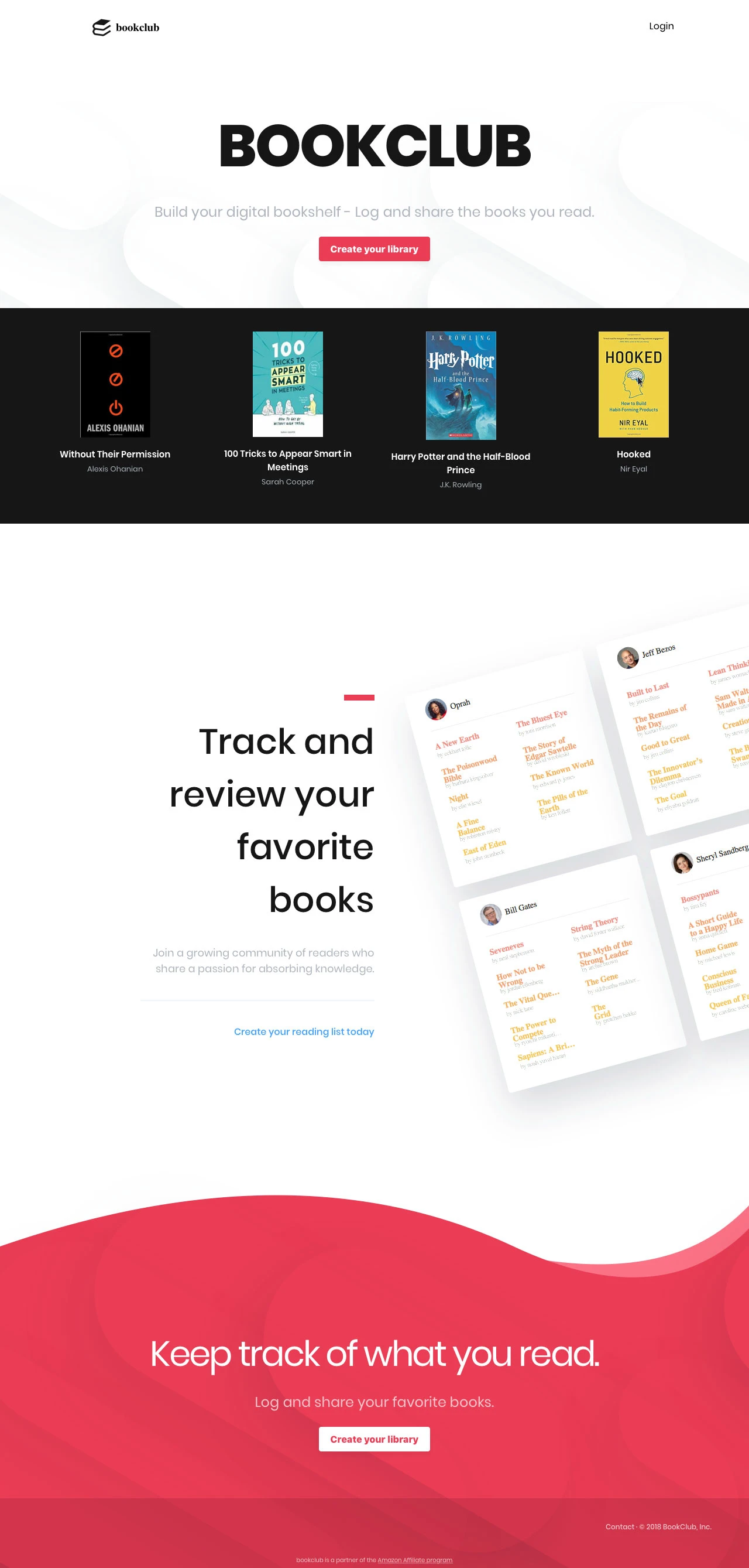 Bookclub Landing Page Example: Build your digital bookshelf. Log and share the books you read.
