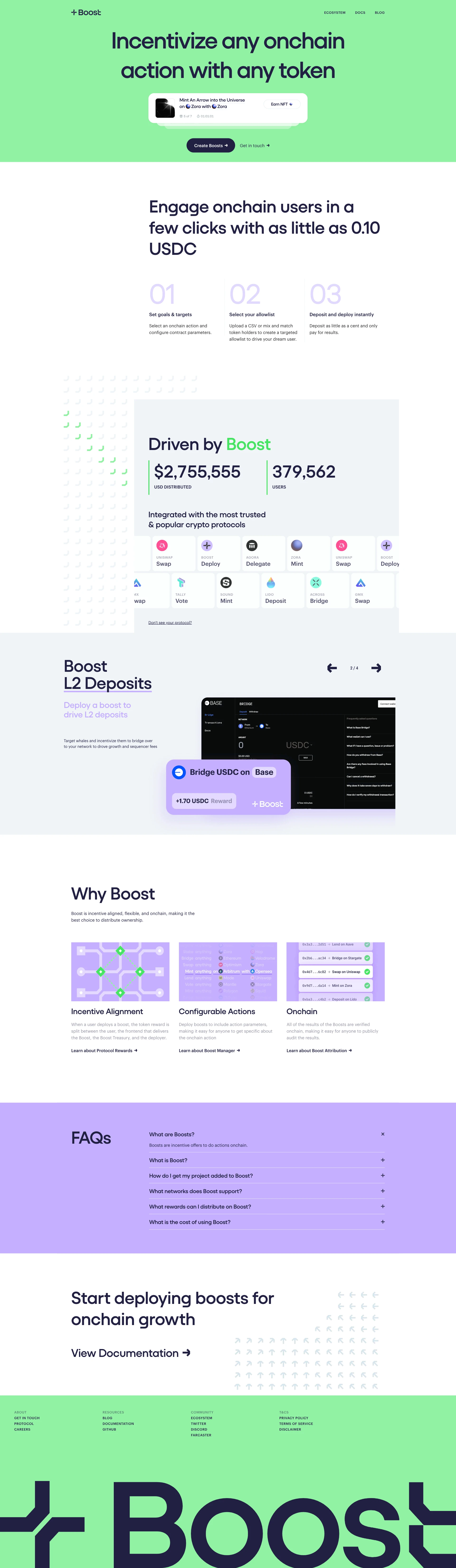 Boost Landing Page Example: Boost is a protocol that allows anyone to deploy targeted incentive offers to any wallet for performing onchain actions on Ethereum.