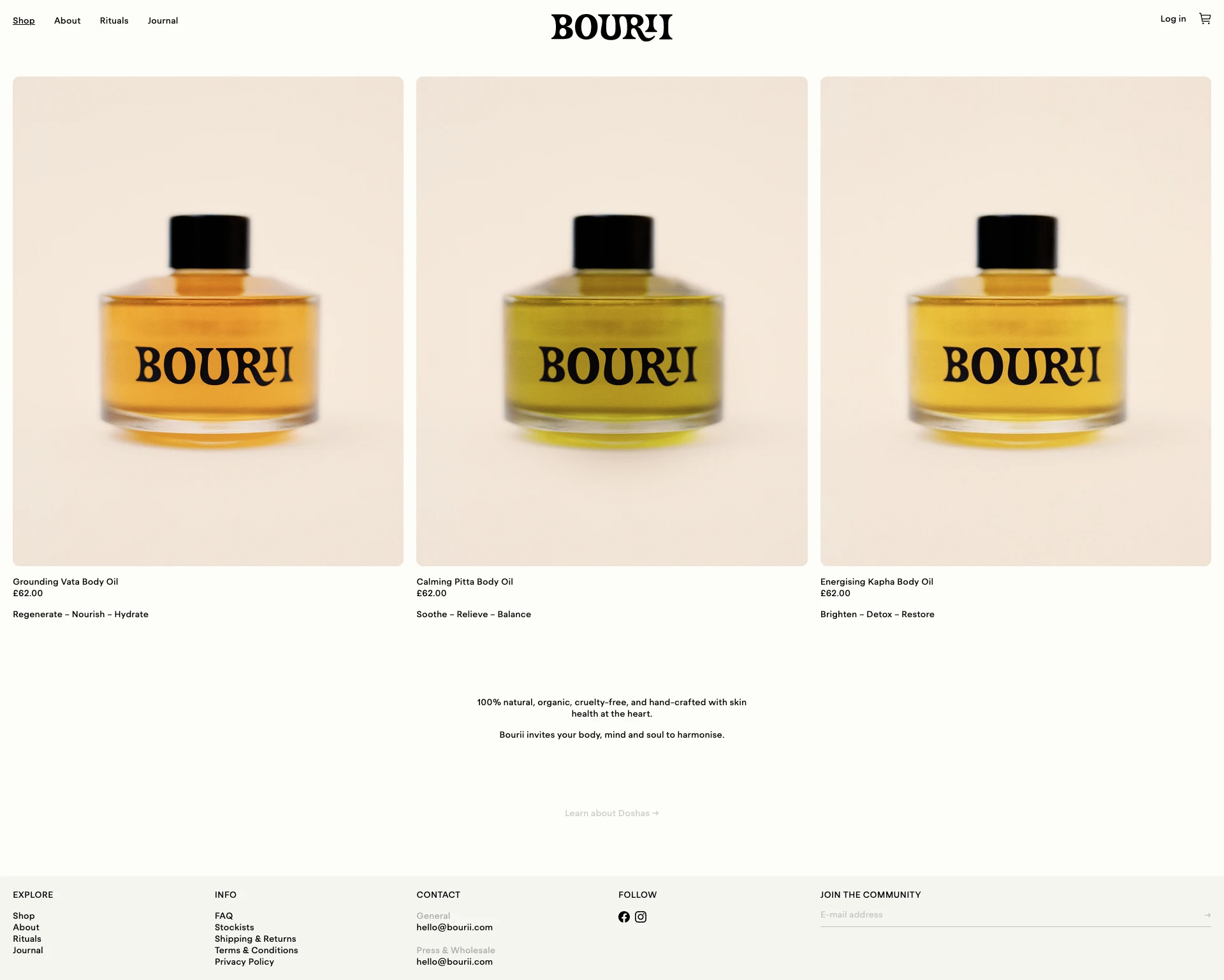 Bourii Landing Page Example: Botanical skincare for the body and soul. Free-spirited, Ancestrally rooted. Three unique multipurpose body oils. Crafted with purpose to honour Ayurvedic science and redefine ancient beauty rituals for the present moment. Plant-powered potions call on the healing power of botanicals to balance vital energy and nourish the senses as well as your skin. 100% Natural, Organic, Vegan, Cruelty Free, Recyclable, Gender neutral.