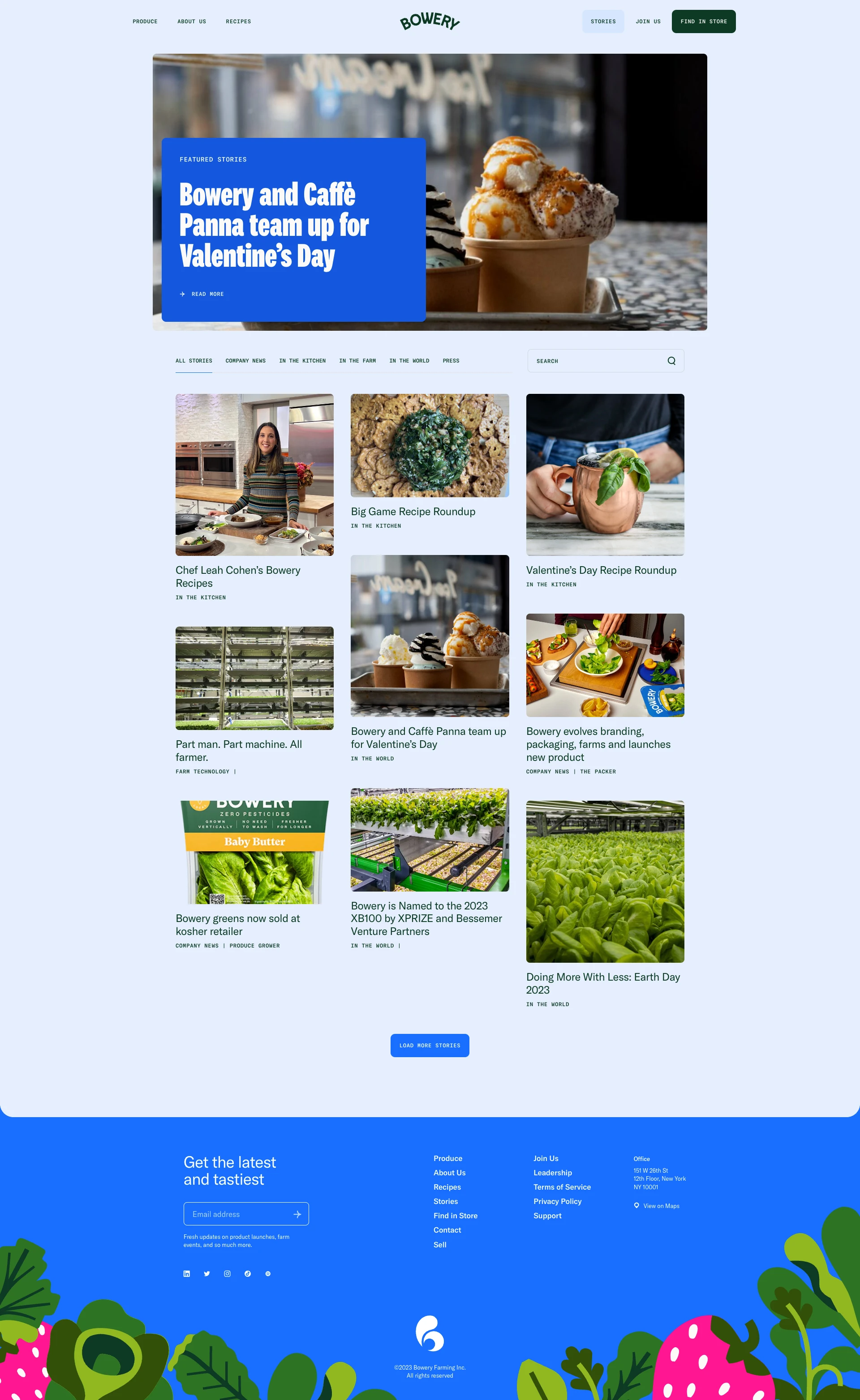 Bowery Landing Page Example: Deep inside our wonderful world of vertical farms, freshness runs free, bland gets banished, and smart produce secures the future of food.