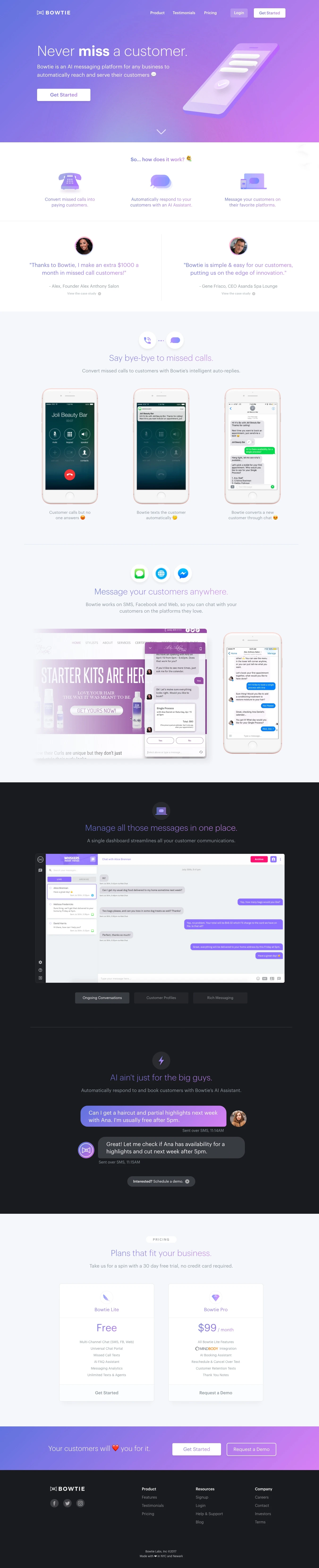 Bowtie Landing Page Example: Bowtie is an AI messaging platform for any business to automatically reach and serve their customers