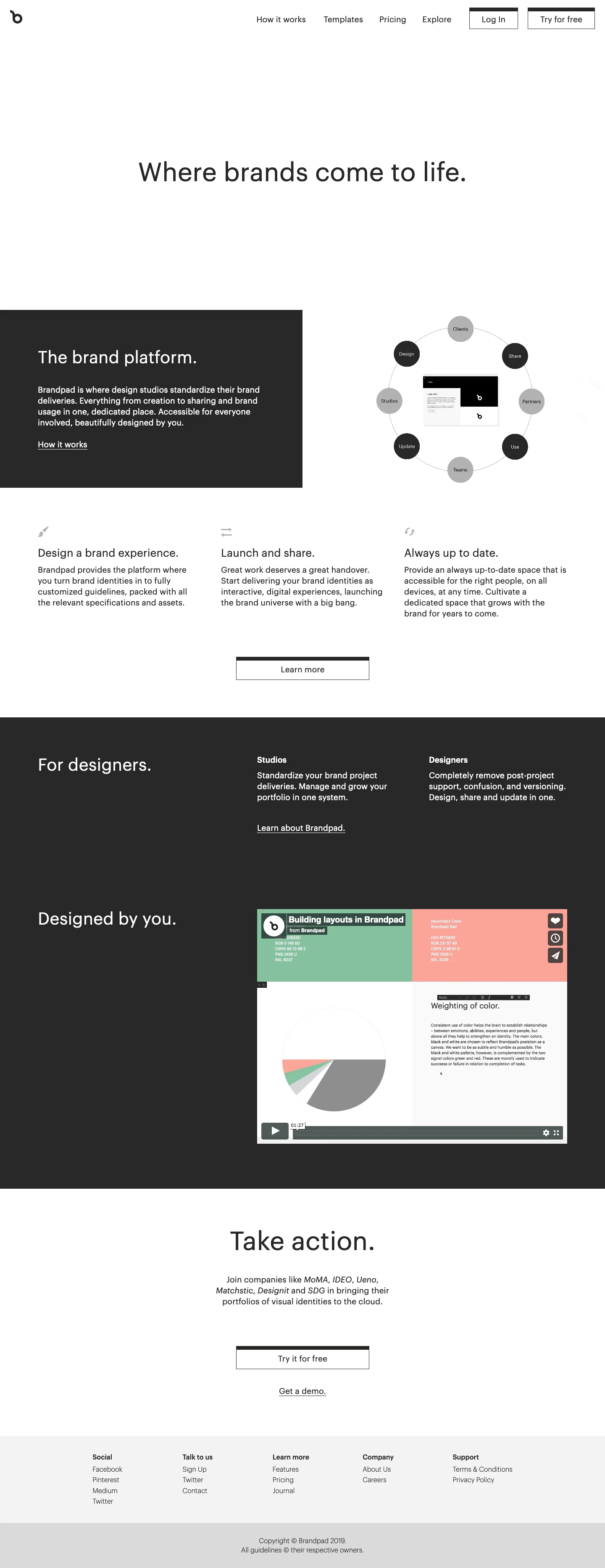 Brandpad Landing Page Example: Brandpad is where brands live and prosper. Craft beautiful brand guidelines as digital brand experiences and easily share assets with clients and partners.