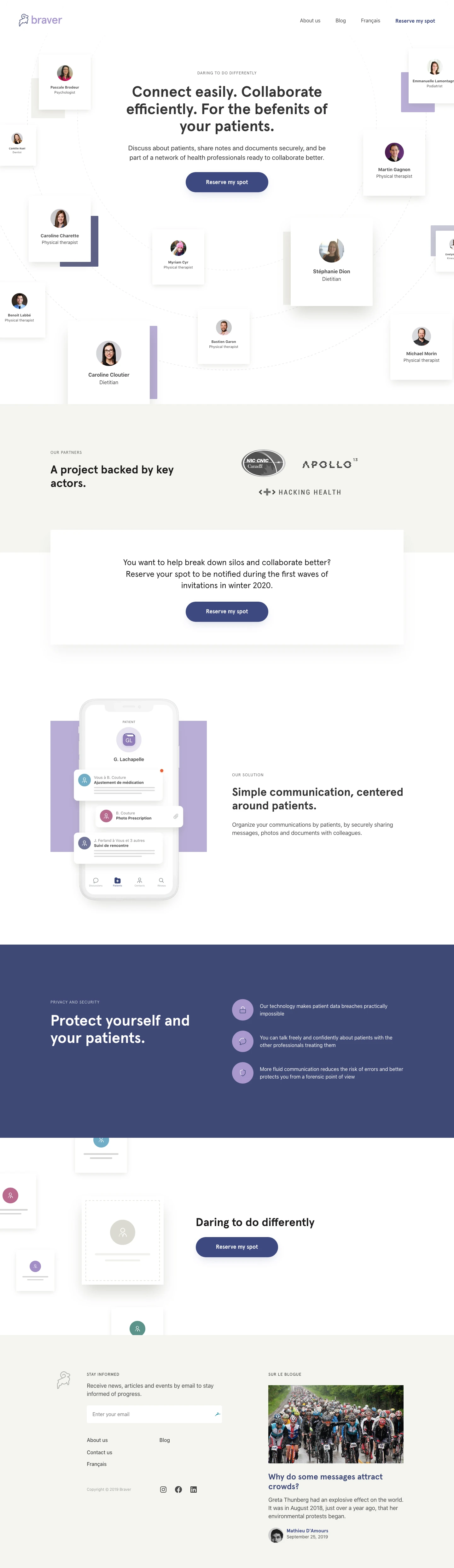 Braver Landing Page Example: Discuss about patients, share notes and documents securely, and be part of a network of health professionals ready to collaborate better.