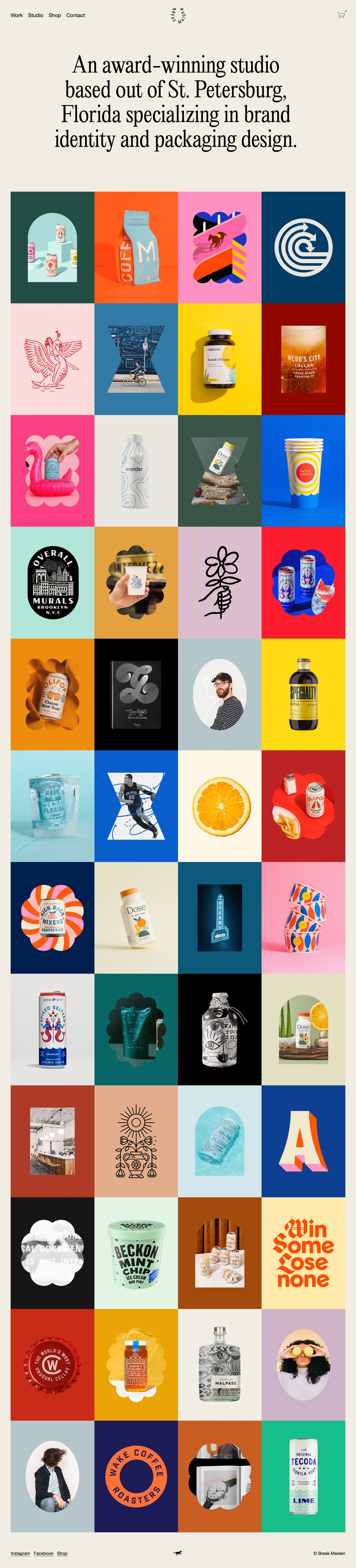 Break Maiden Landing Page Example: An award-winning studio based out of St. Petersburg, Florida specializing in brand identity and packaging design.